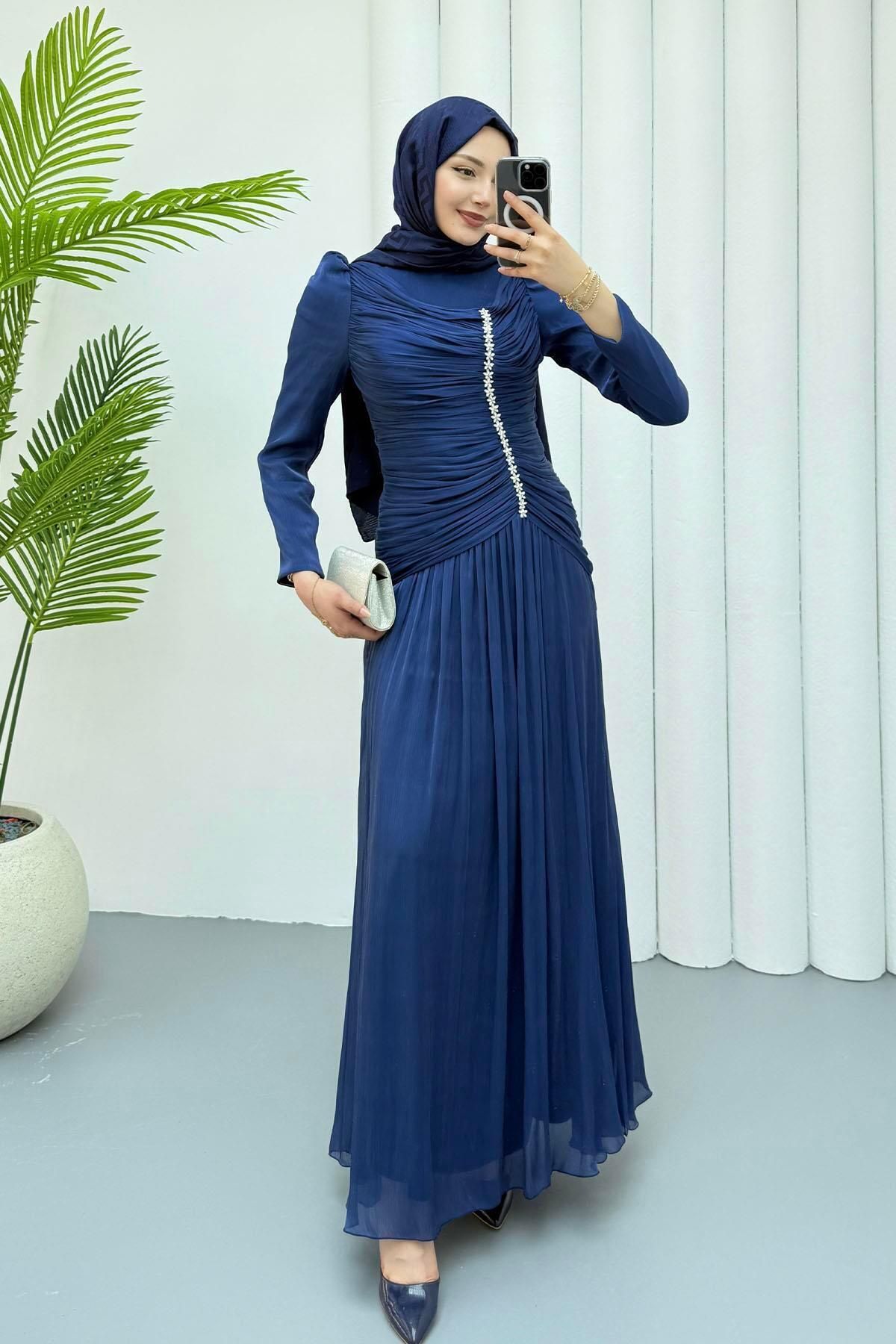 Modaensarbutik Taş İşlemeli Drapeli Tesettür Abiye-LACİVERT