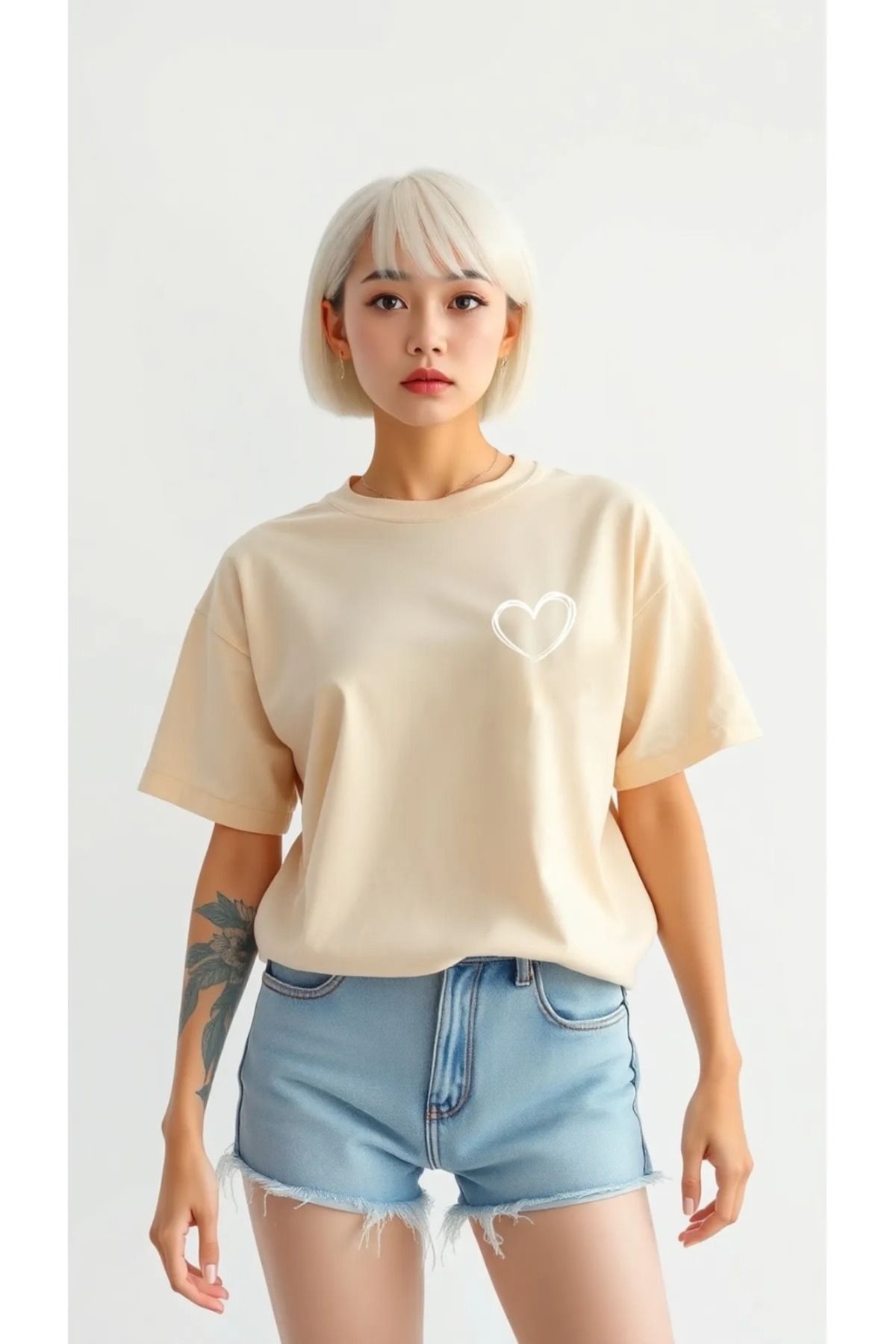 puolikuu Oversize Kadın Tshirt renkli kalp baskılı tshrt tişört