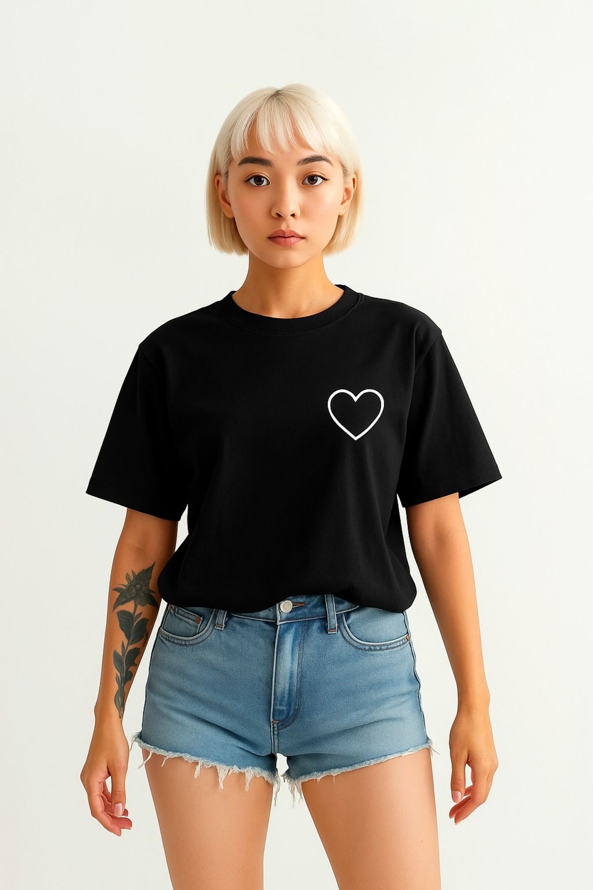 puolikuu Oversize Kadın Tshirt renkli kalp baskılı tshrt tişört