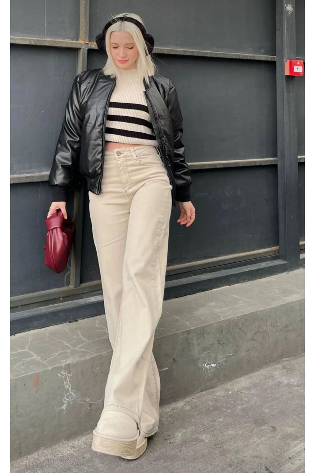 CİHAN PAPEL PALAZZO BEJ %100 Pamuk Yüksek Bel Salaş Wide Leg Jeans