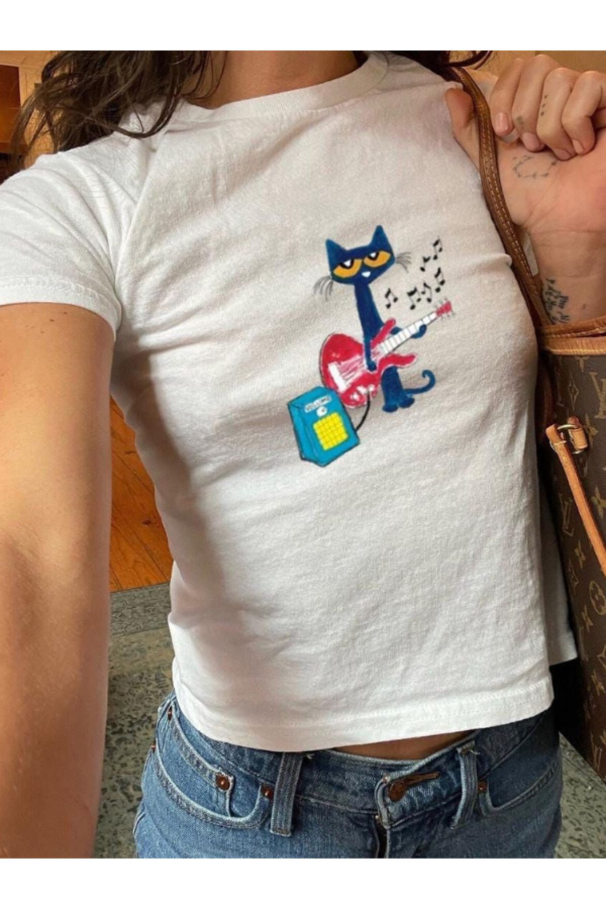 DEEFWEAR DREICH GUITAR CAT BASKILI BEYAZ CROP