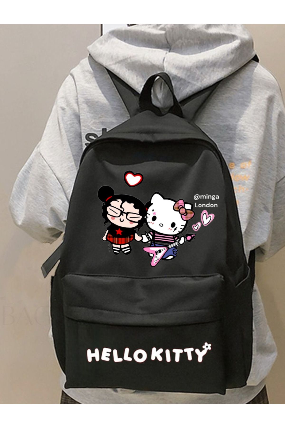 Minga London Siyah Hello Kitty Rockstar Friend Baskılı Okul, Dershane, Kurs Baskılı Sırt Çantası -Minga London