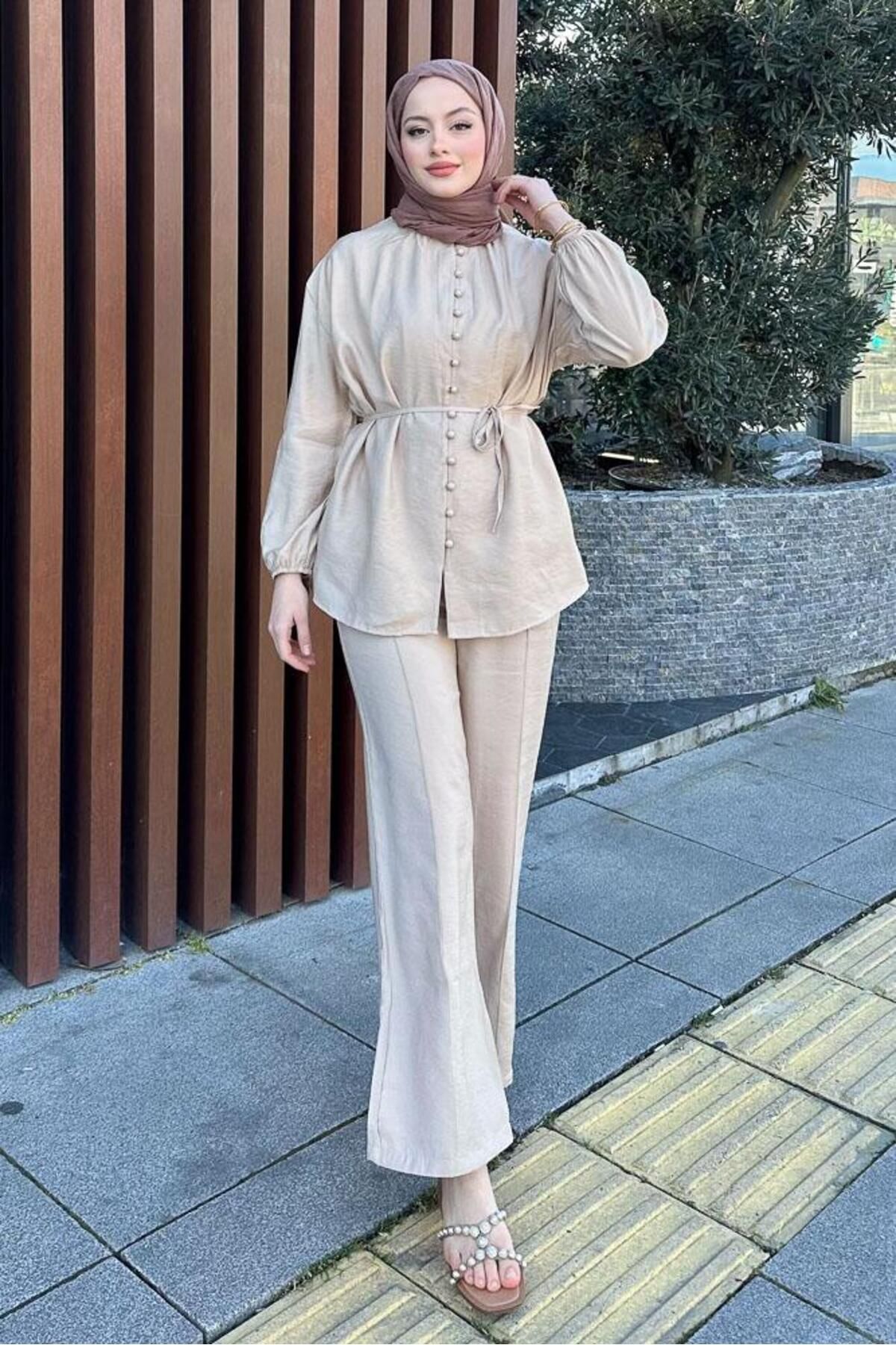 Miraydın Butik Kadın Düğmeli ve Bağlamalı Pantolon Takım M15807 - Bej