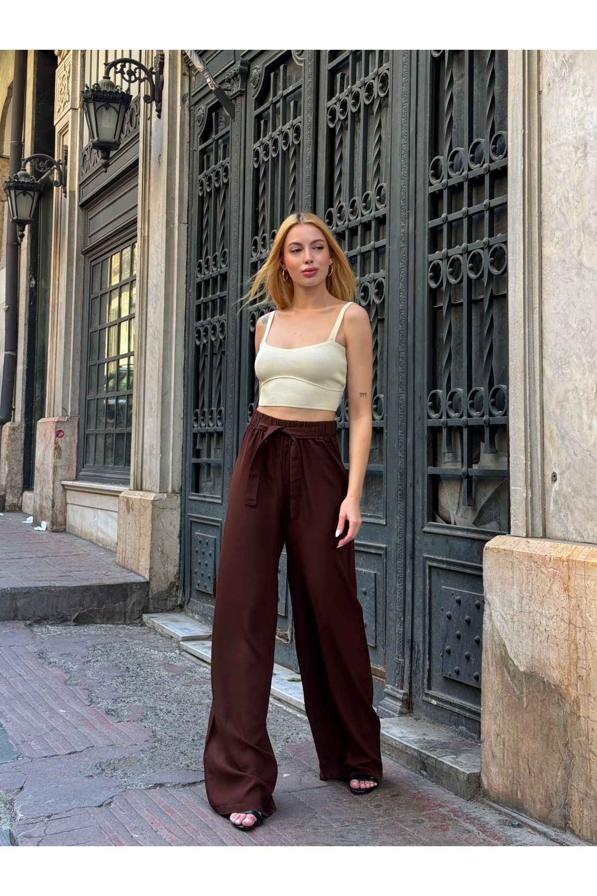 MAMAYAGA Kadın Yüksek Bel Kuşaklı %100 Viscose Pamuk Geniş Paça Şık Casual Büyük Beden Curve Pantolon