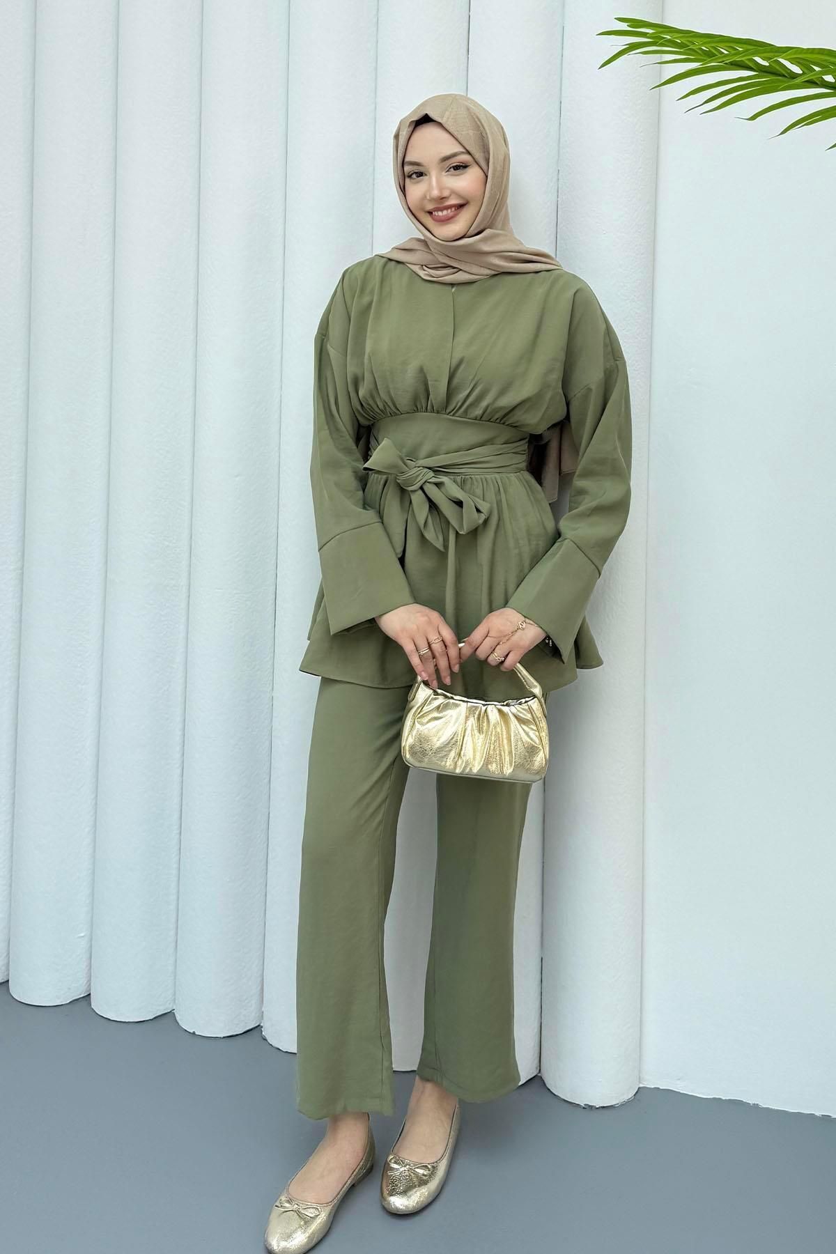 Modaensarbutik Modal Kumaş Belden Bağlamalı Tesettür Takım-MİNT YEŞİLİ