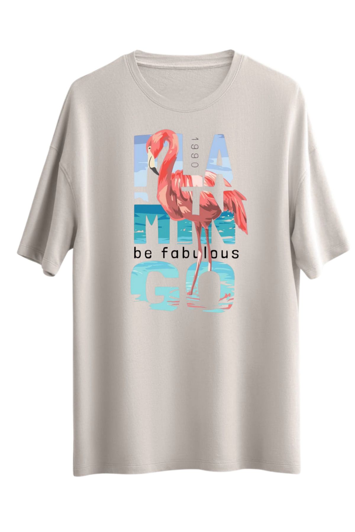MODA FİLAMİNGO BOL KESİM BASKILI OVERSİZE OMUZU DÜŞÜK T-SHİRT TÜYLENMEZ %100 PAMUK T-SHİRT FİLAMİNGO