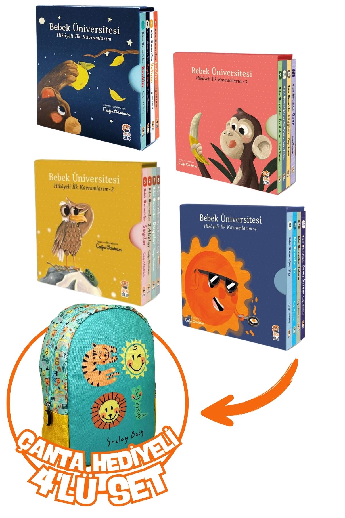 Sincap Kitap Bebek Üniversitesi Hikayeli İlk Kavramlarım 4'lü Set+Hediye Smiley Baby Yırtıcı Anaokul Çanta