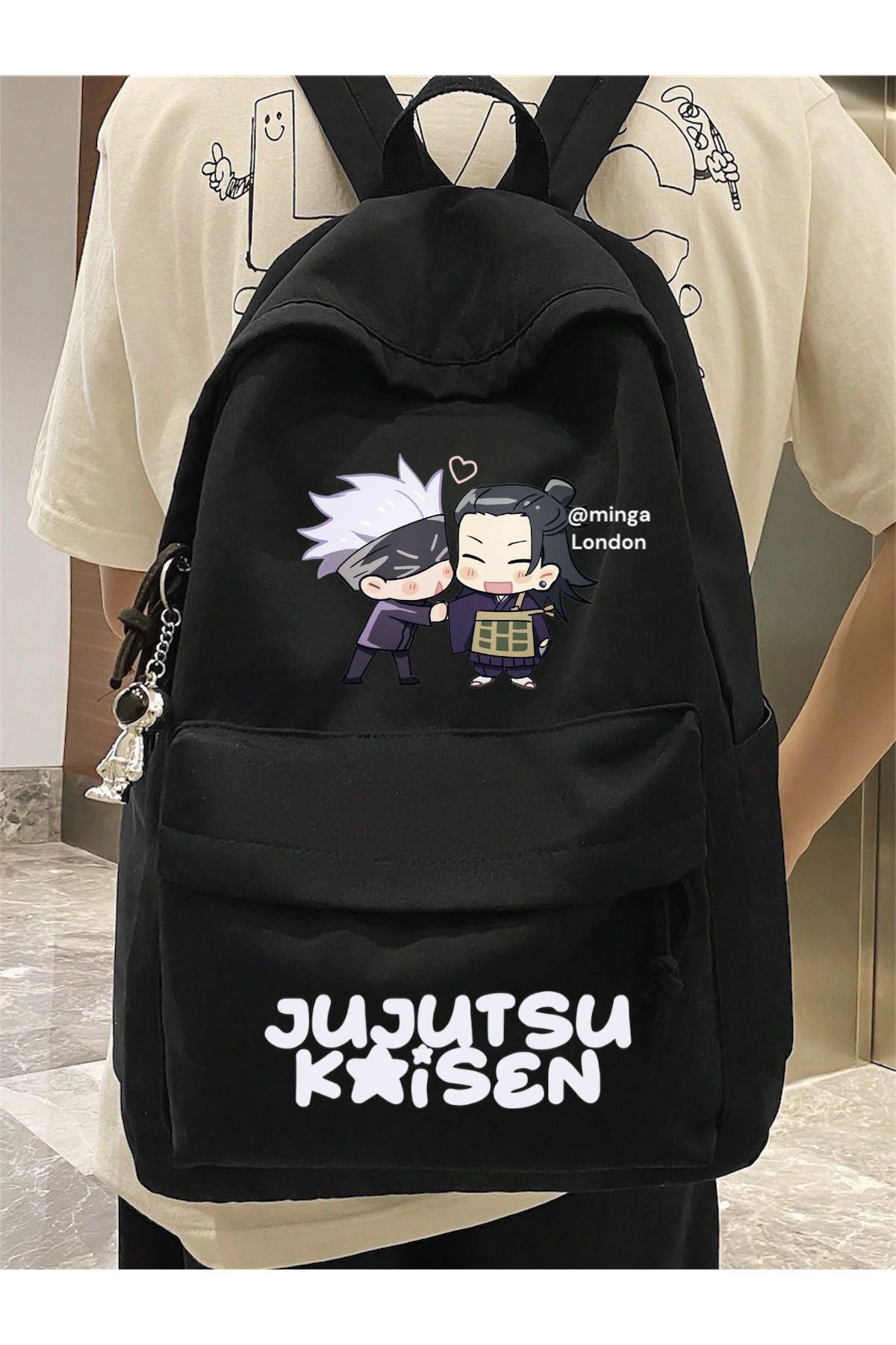 Minga London Siyah Jujutsu Kaisen Alt Üst Baskılı Okul, Dershane, Kurs Baskılı Sırt Çantası -Minga London