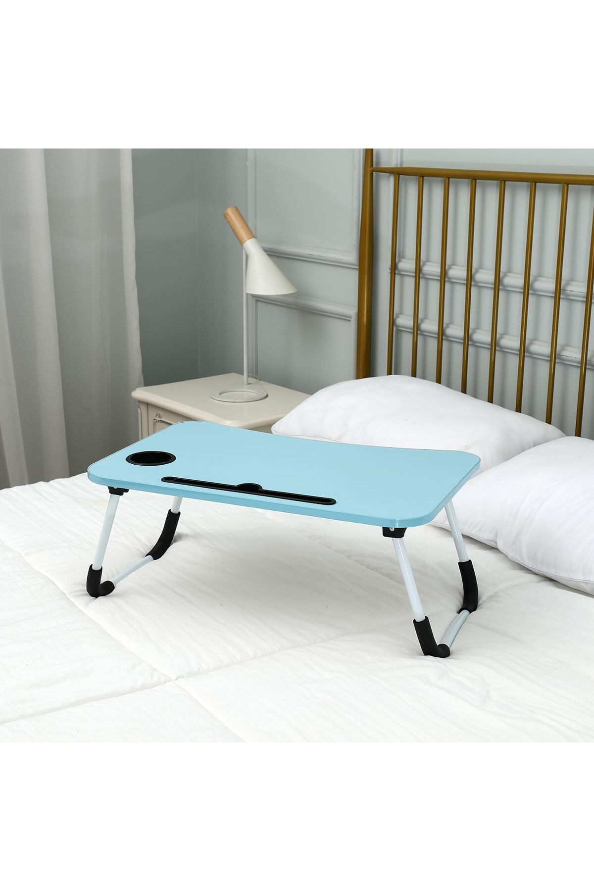 طاولة لابتوب للسرير محمولة قابلة للطي مع حامل أكواب للعمل وتناول الطعام والكتابة، لون ازرق فاتح