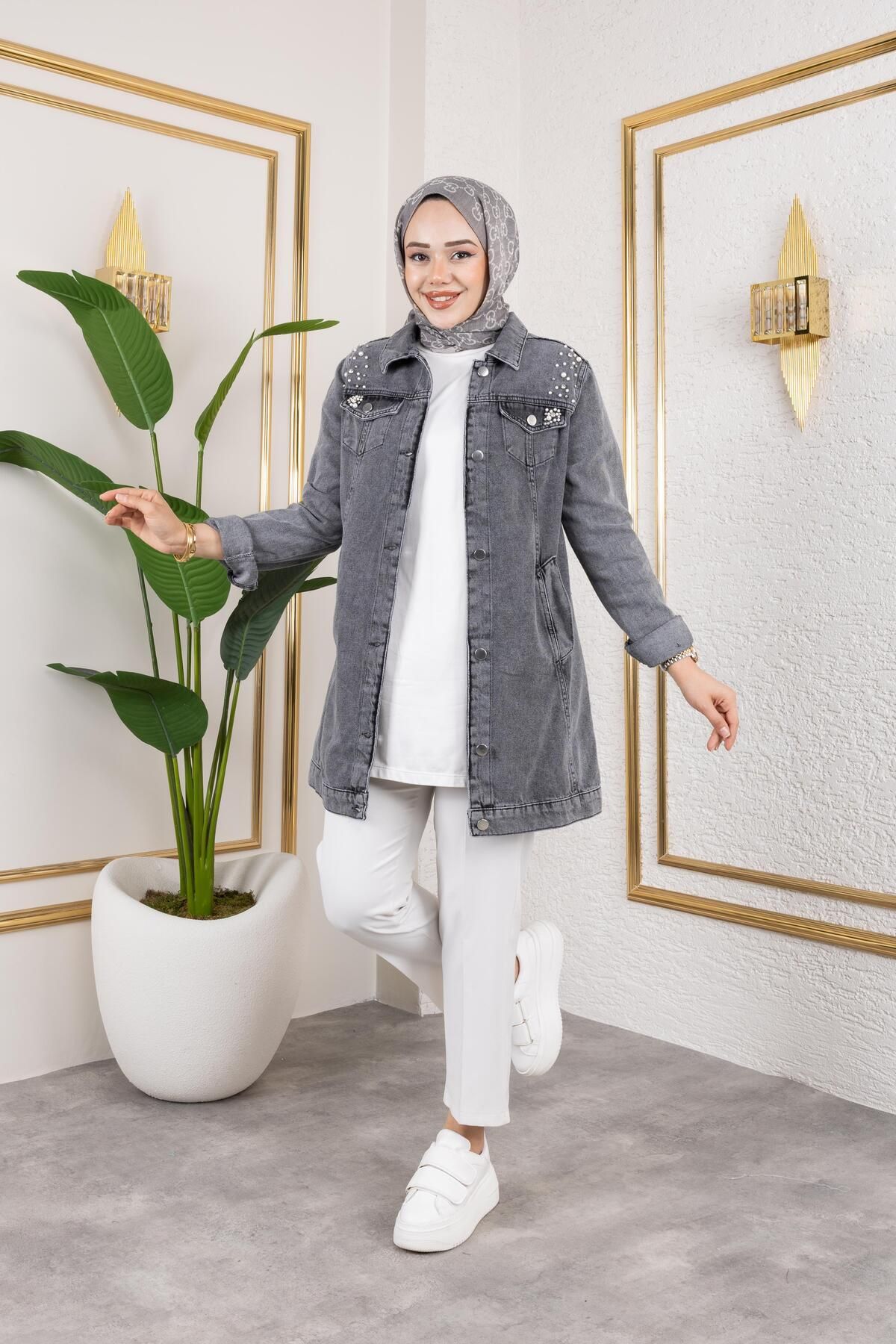 HARMAN BUTİK Kadın Boncuk İşlemeli Denim Kot Ceket