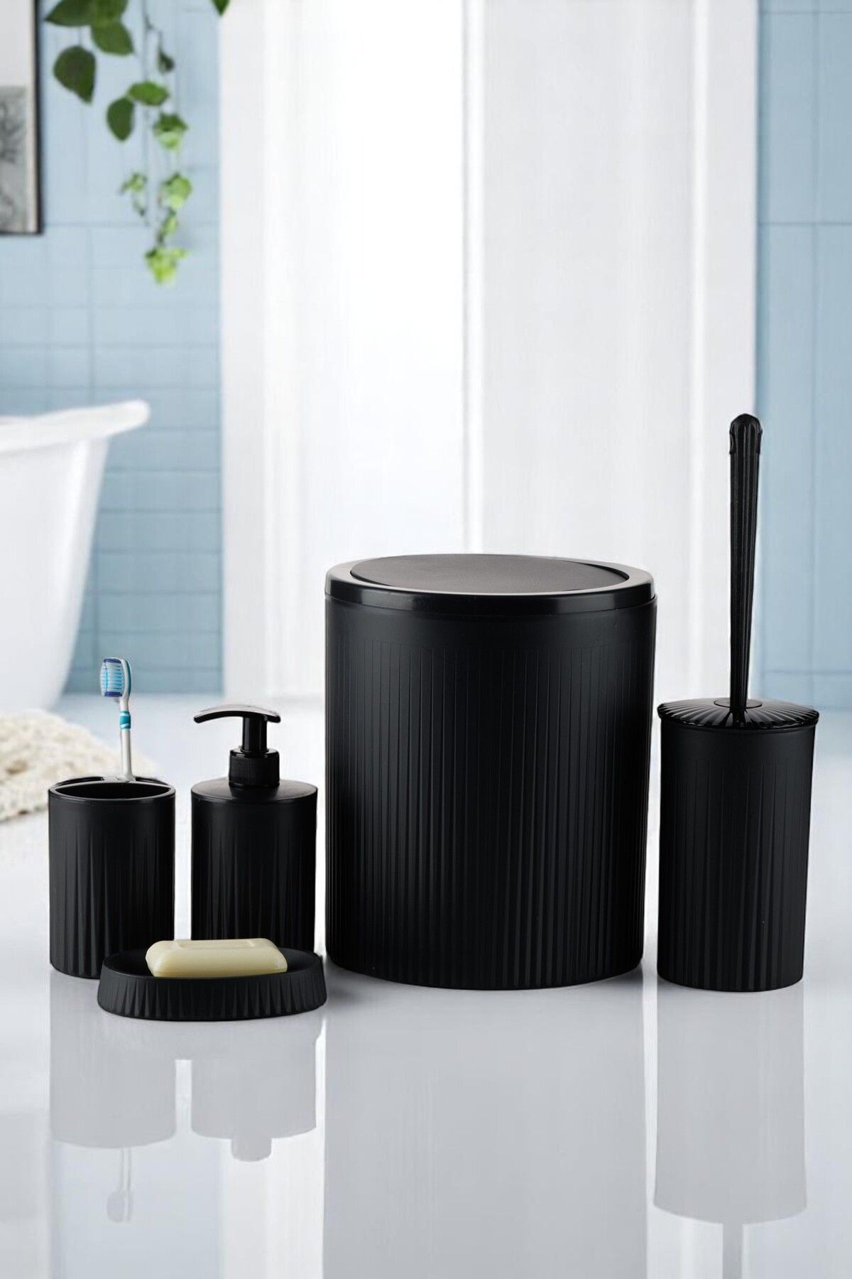 okacih 5'li Banyo Seti Çöp Kovası Tuvalet Fırçası Sabunluk Diş Fırçalık Katı Sabunluk 5 Parça