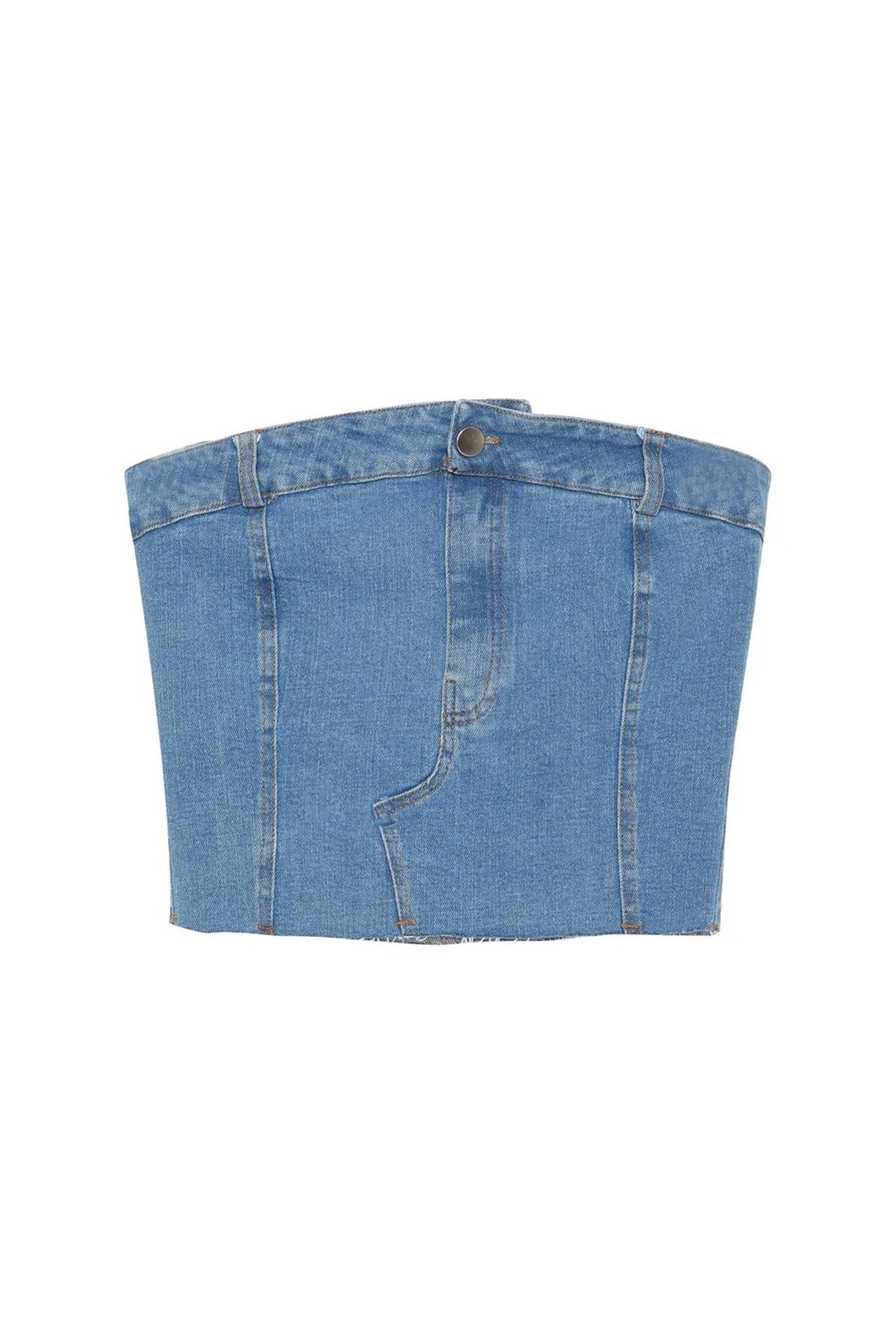 Soshow Düğme Detaylı Denim Straplez Bluz