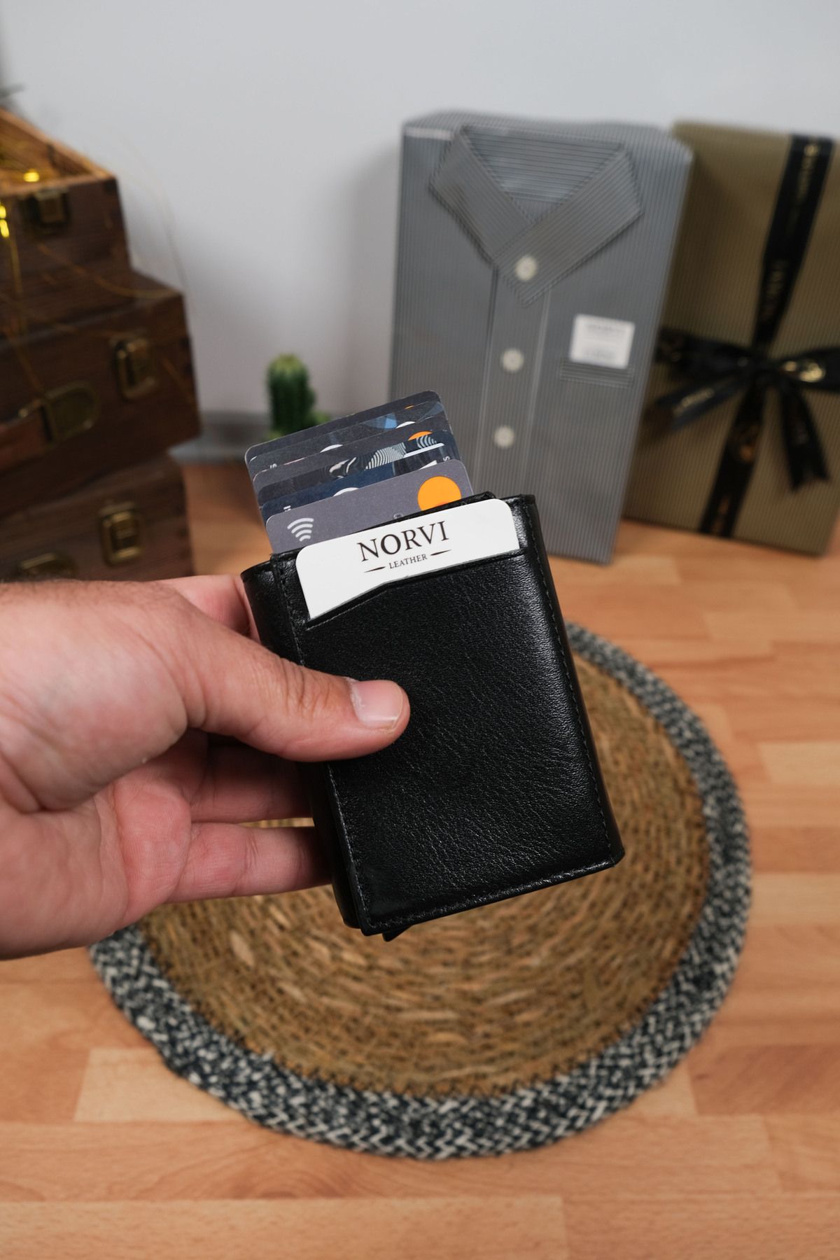 Norvi Leather Mekanizmalı Otomatik Hakiki Deri Kartlık Kadın Siyah