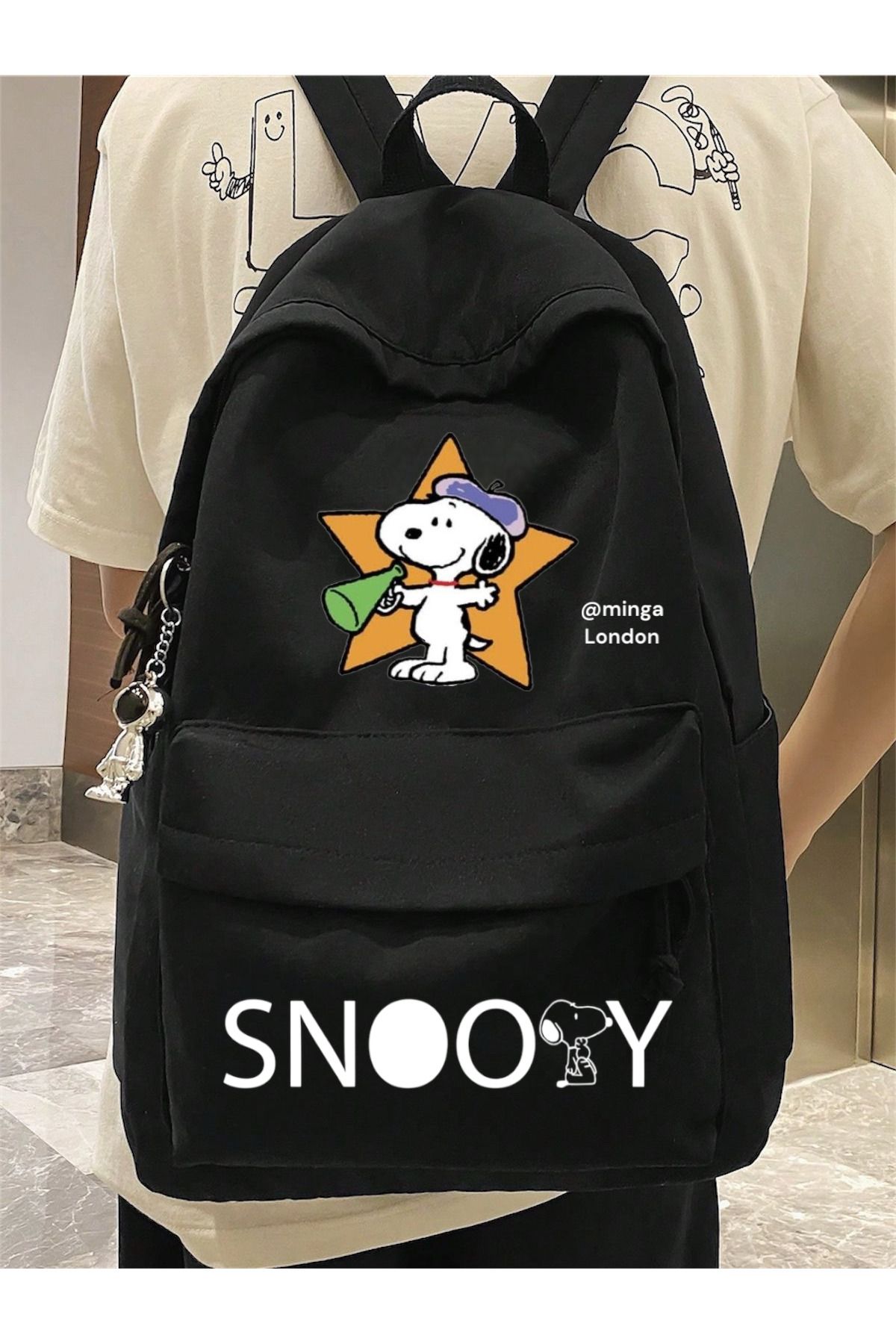Minga London Siyah Snoopy Star Baskılı Okul, Dershane, Kurs Baskılı Sırt Çantası -Minga London