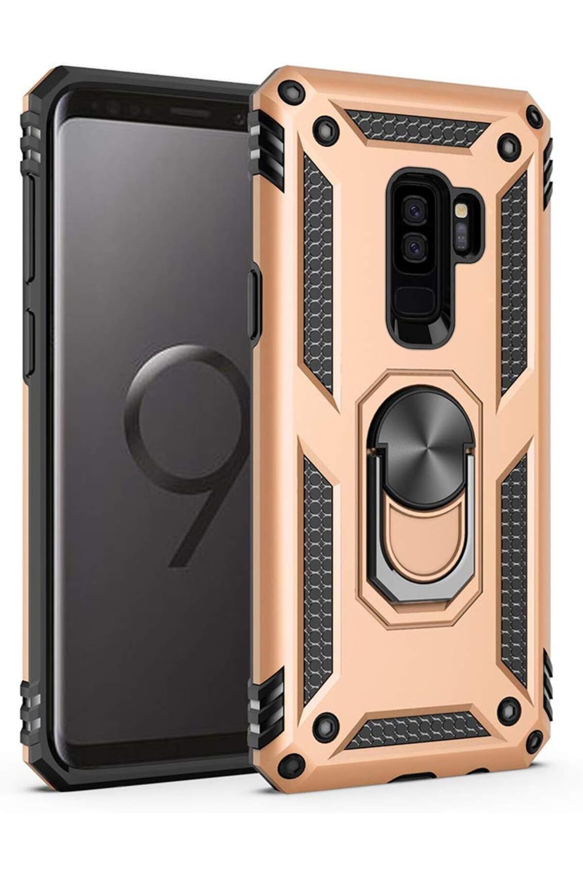 ÇAĞUR Eser Galaxy S9 Plus için Kılıf Military Ring Holder Gold [Galaxy S9 Plus ile Uyumlu Kılıf - Gol