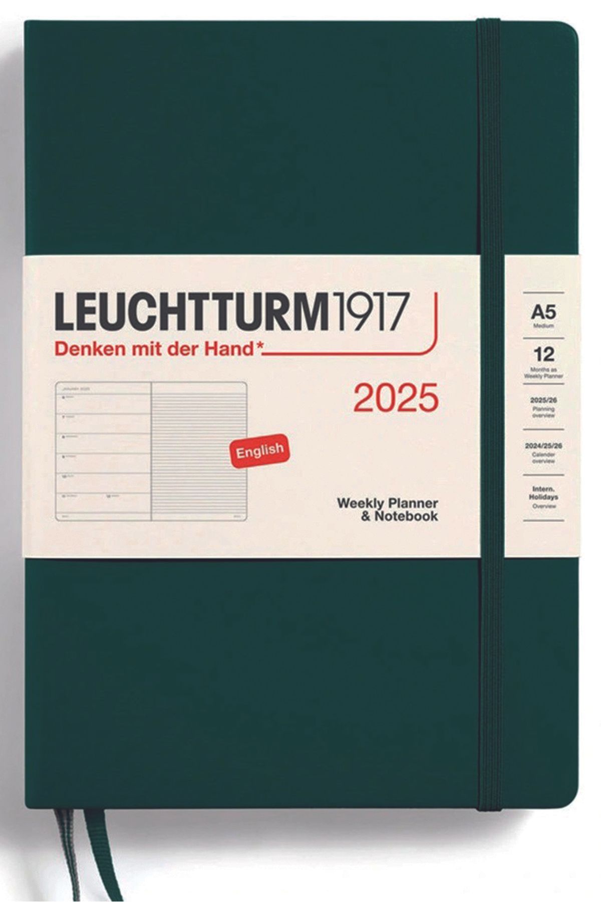 Leuchtturm1917 Orta Boy (A5) 12 Aylık Ajanda Ve Not Defteri 2025 Sert Kapak, Ingilizce, Orman Yeşili