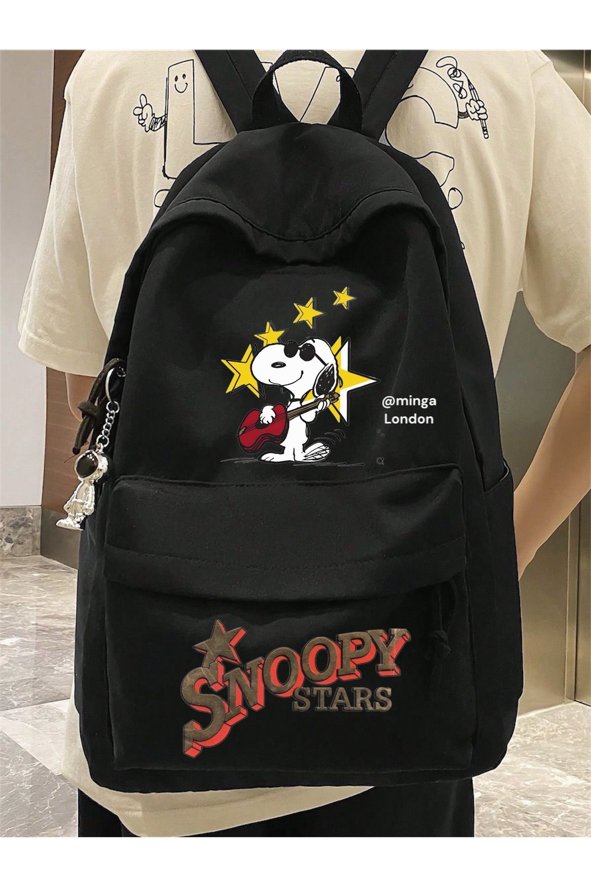 Minga London Siyah Snoopy Star Alt Üst Baskılı Okul, Dershane, Kurs Baskılı Sırt Çantası -Minga London