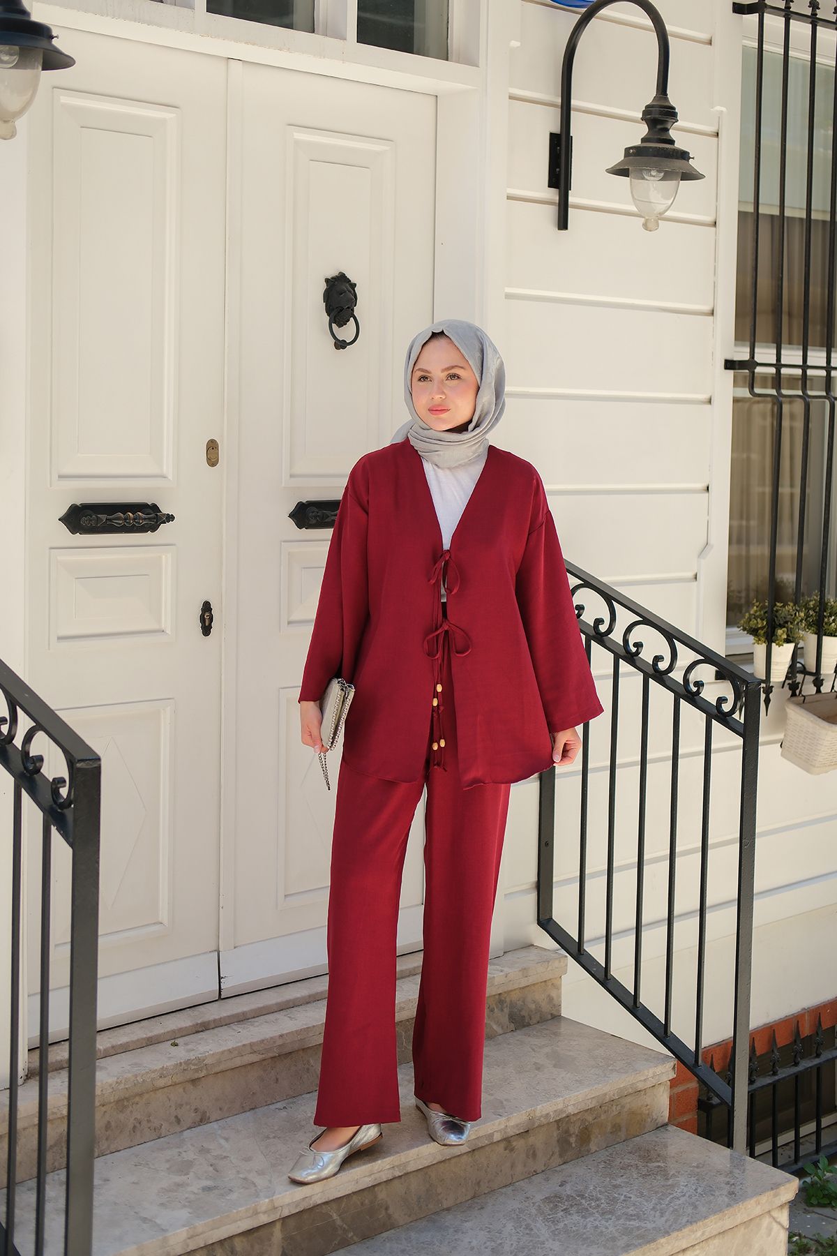 LOCCO Kadın Ön Bağlama Detaylı Takım Bordo