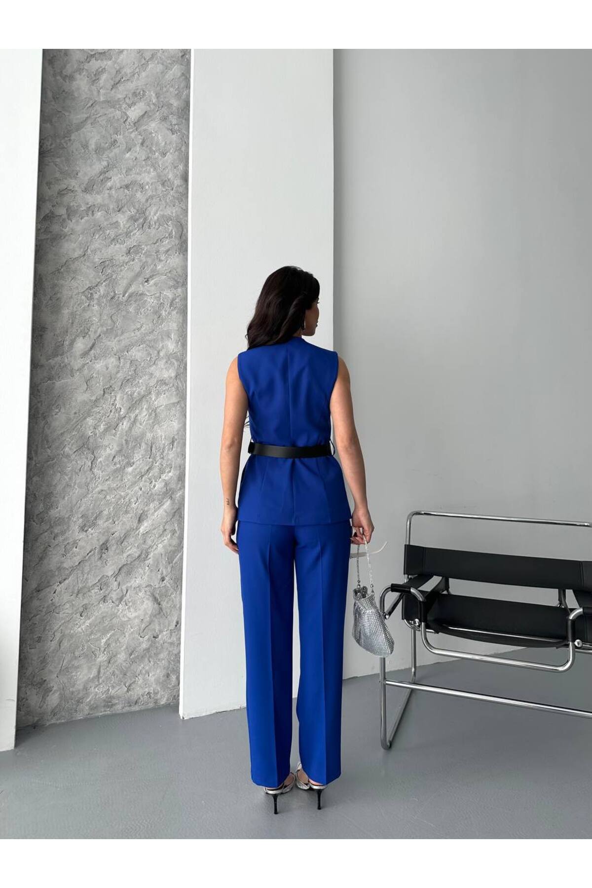Ensemble veste et pantalon ceinturé femme SAX Double Crêpe Importé - Görsel 7
