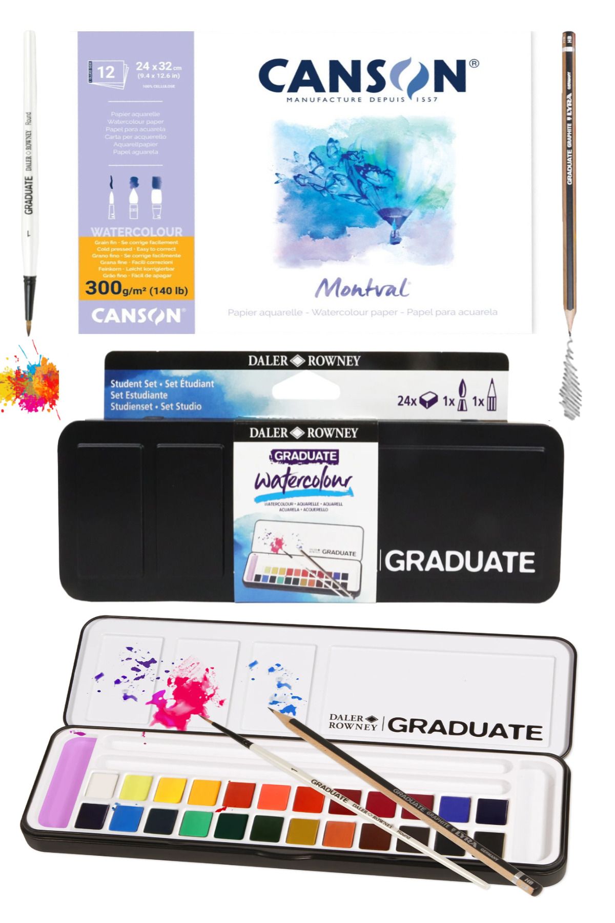 GLANCE Canson Montval Suluboya Defteri (24x32cm) 300gr Daler Rowney Graduate Suluboya Seti 24 Renk