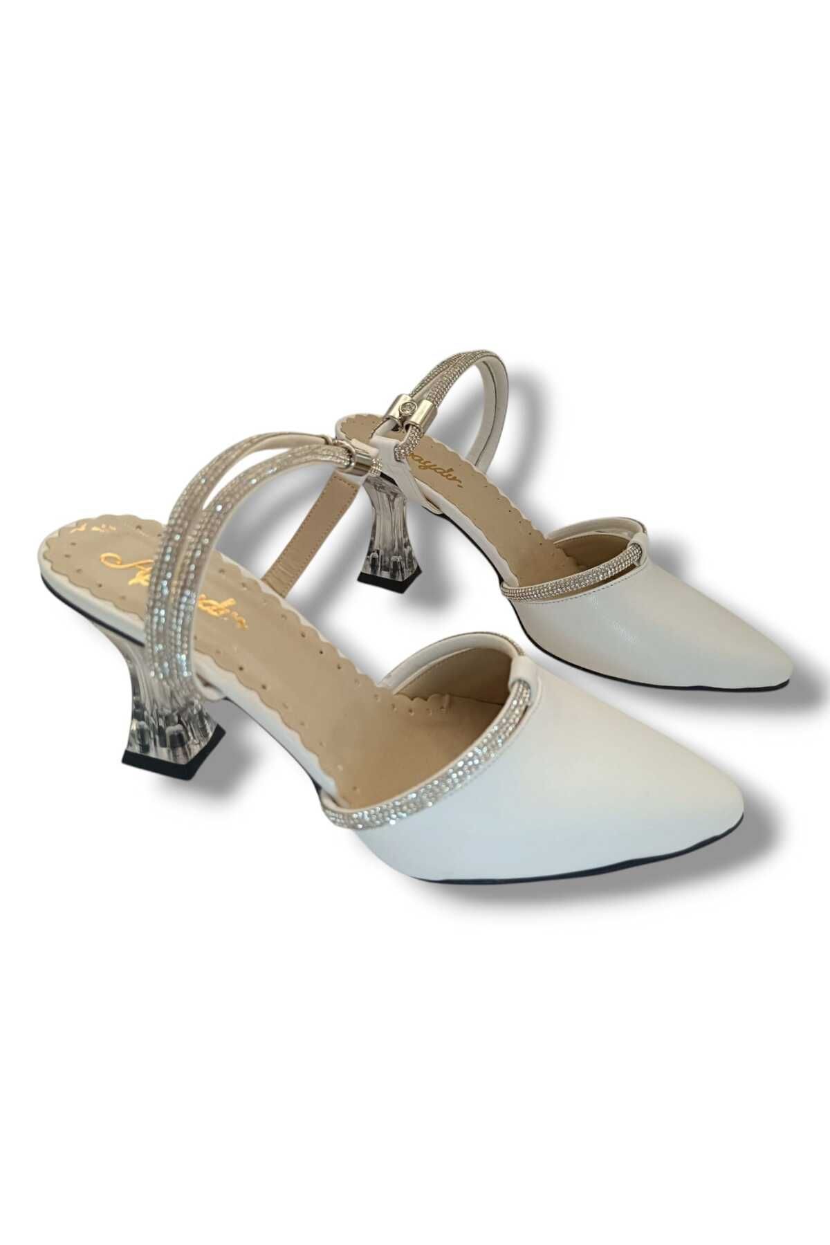 GMSHOES Bilekten Taşlı Saten Bej Kadın Topuklu Abiye Ayakkabı
