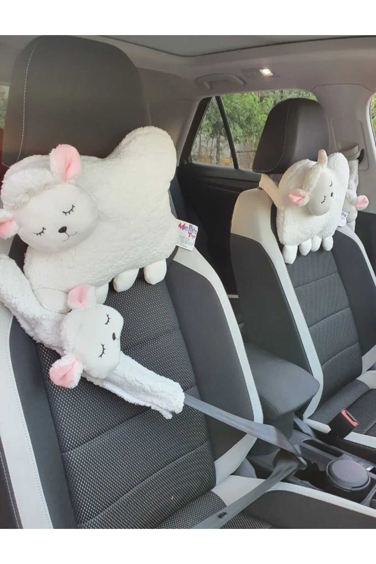 Kids Beyaz Kuzulu Araba Boyun YastığıVe Emniyet Kemeri Aksesua Peluş Kılıf Seti (1 YASTIK VE 1 KILIF)