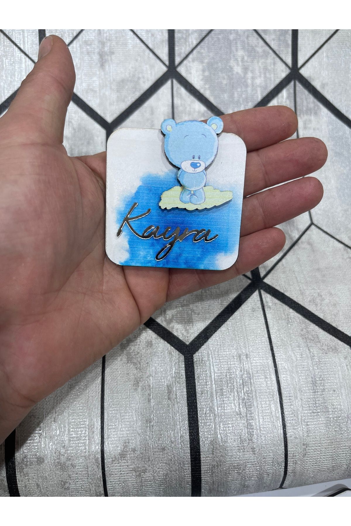 ELF REKLAM Mavi Ayıcık Figürlü Ahşap Baskılı Pleksi Yazılı Magnet 10 Adet