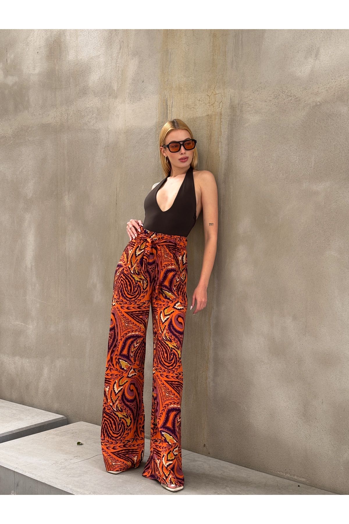 MAMAYAGA Kadın Yüksek Bel Kuşaklı Desenli %100 Viscose Pamuk Geniş Paça Şık Casual Büyük Beden Curve Pantolon