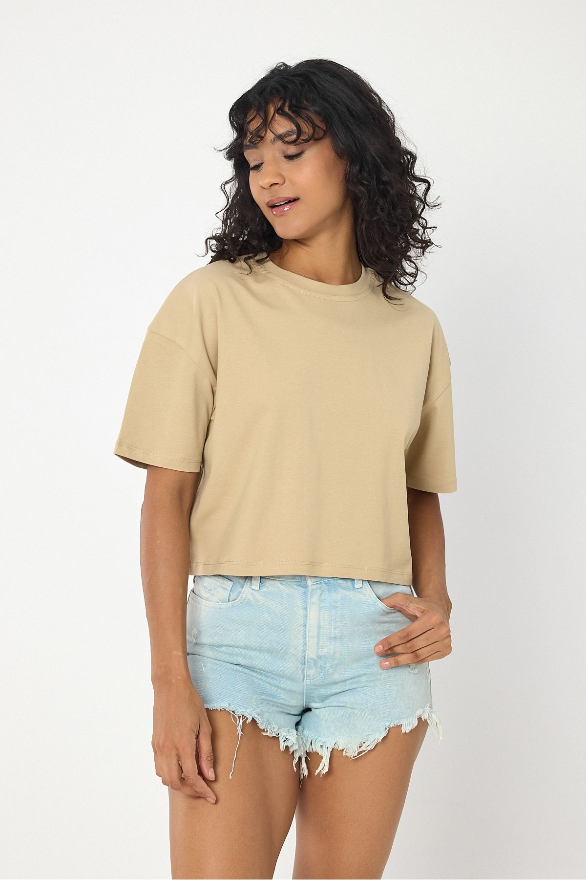 Windy Island Kadın Bisiklet Yaka Basic Crop T-shirt