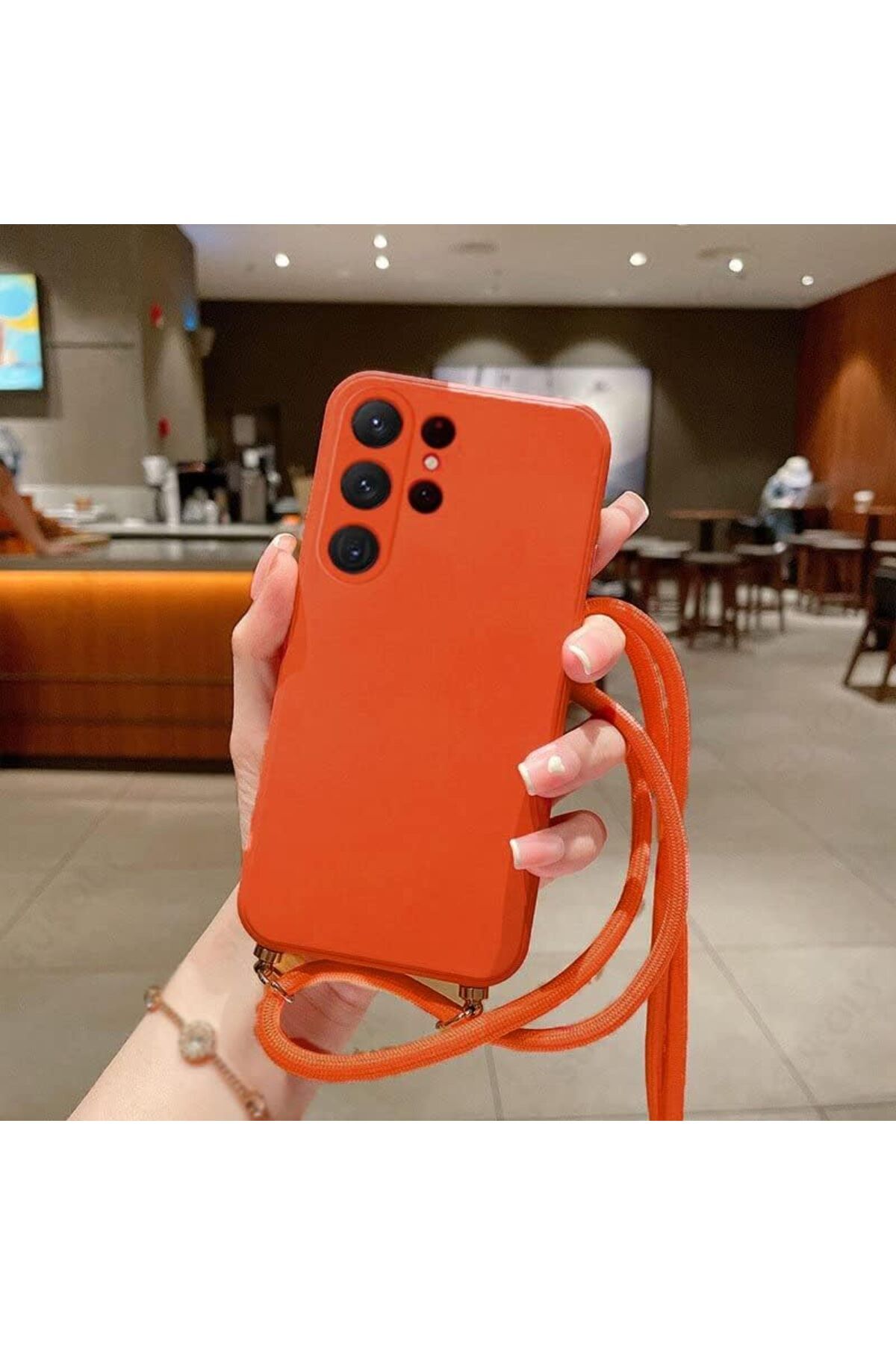 Coverzone iPhone 13 Mini ile uyumlu İpli Boyun Askılı Silikon Kılıf Kadife iç Yüzeyli Epiphany Kılıf Turuncu