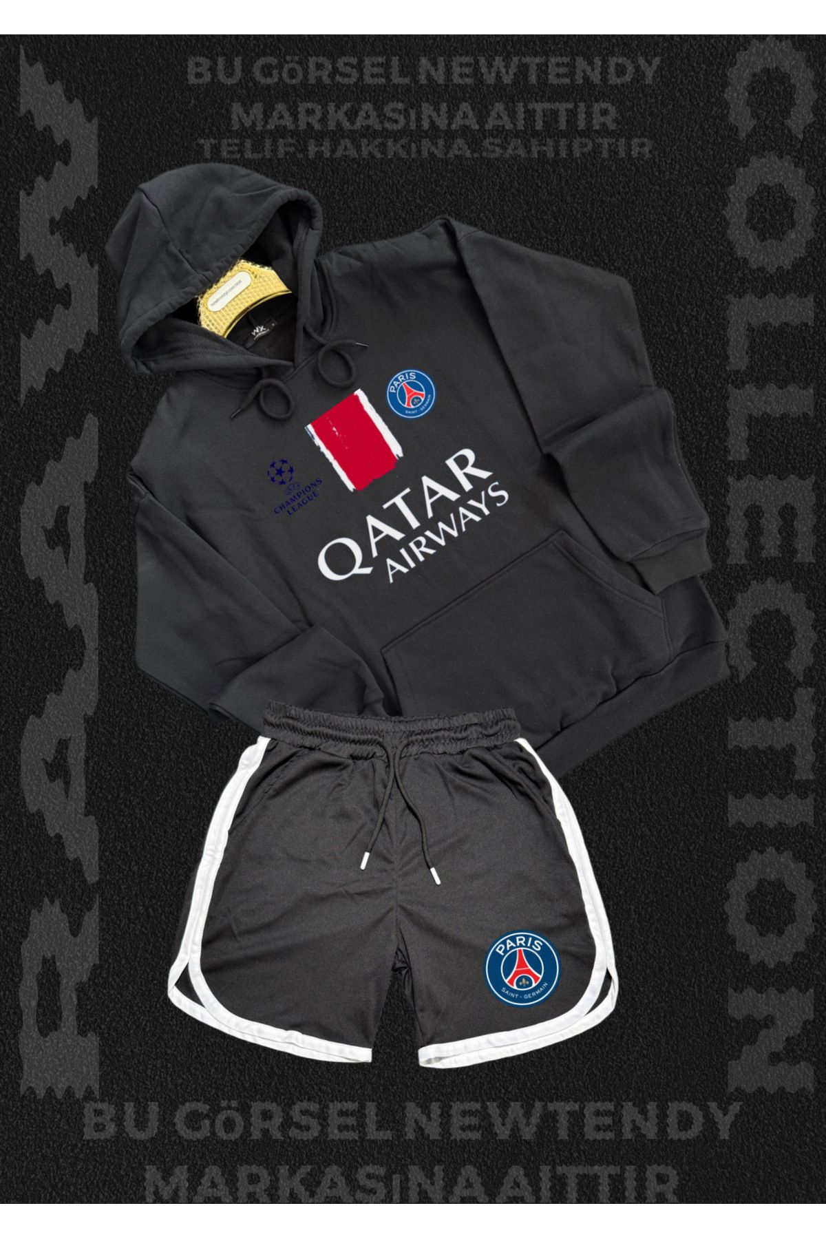NEW TRENDY COLLECTİON Paris Sweatshirt Şort Takım Erkek Kapüşonlu Üst Gri siyah kırmızı Alt Spor Taraftar Kombin