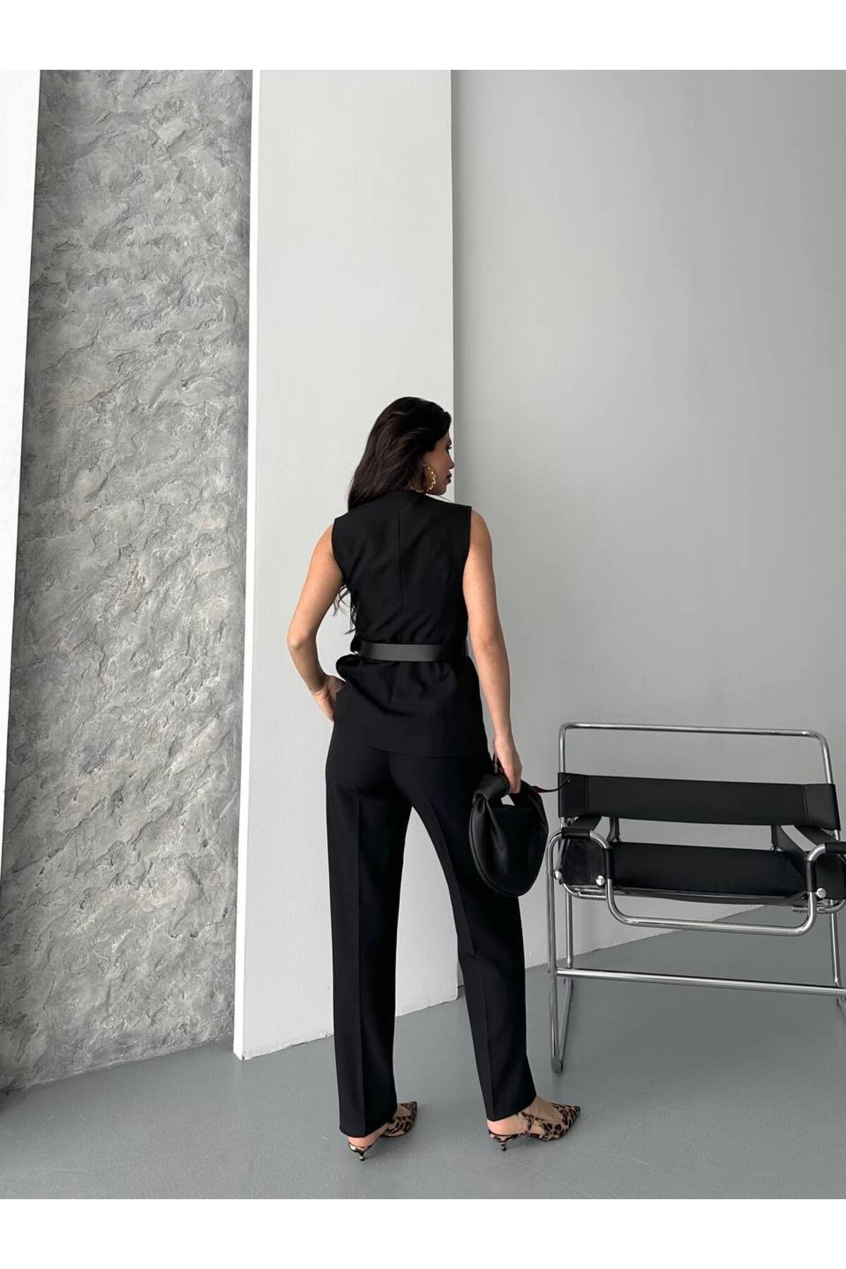 Ensemble veste et pantalon avec ceinture noire en crêpe double importé - Görsel 5