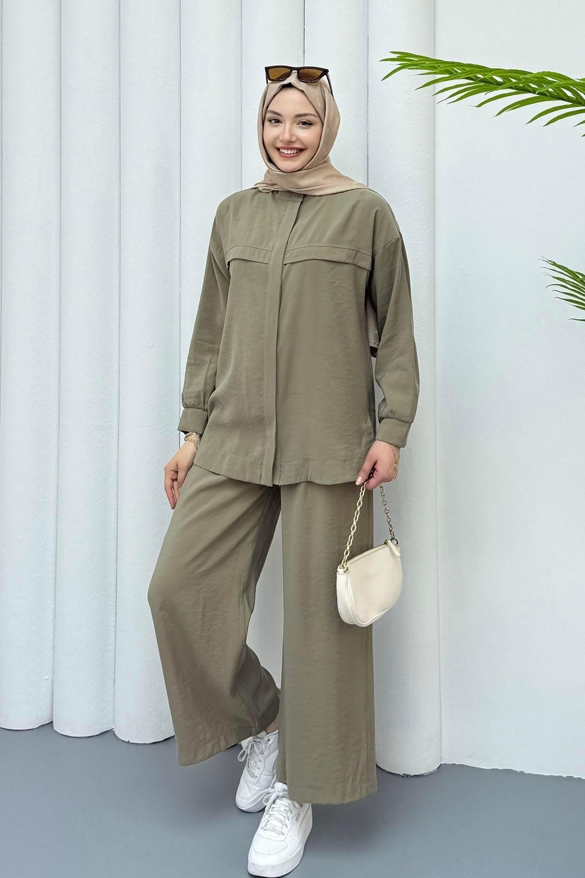 Modaensarbutik Lavina Dökümlü İkili Tesettür Takım-MİNT YEŞİLİ