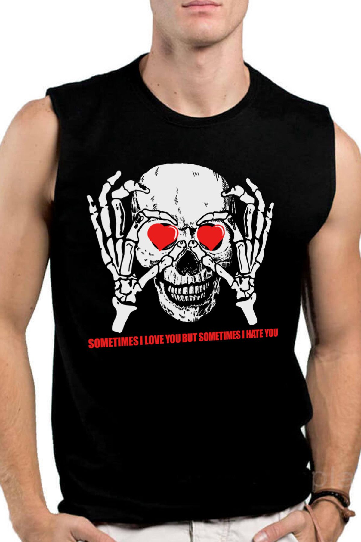 ROCKANDROLL Kalp Gözler Siyah Kesik Kol | Kolsuz Erkek Tshirt | Atlet