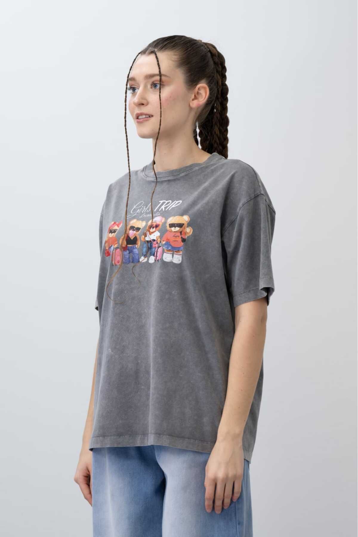 LOCO LOCO Kız Çocuk 9-15 Yaş Ayıcık Baskılı Pamuklu Tshirt