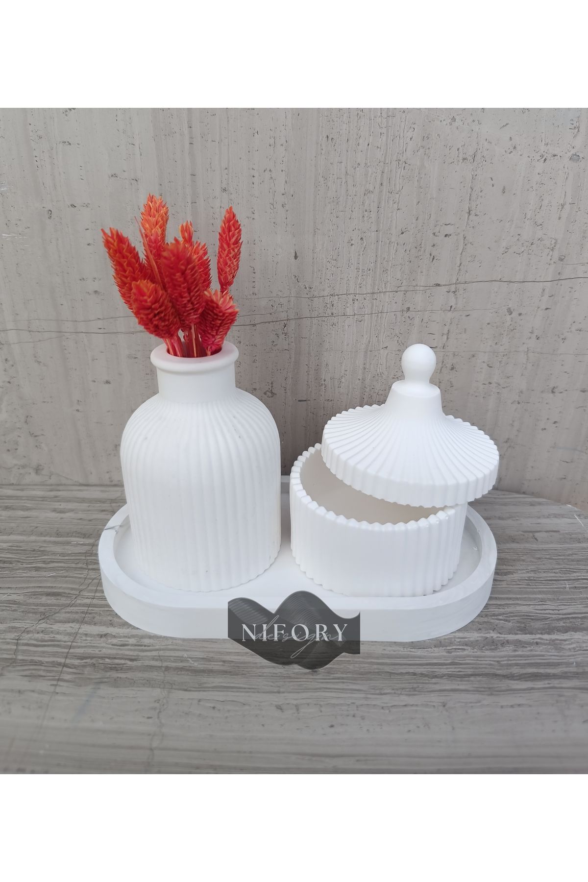 Nifory 520-N012 Dekoratif Beton Sunum Aksesuar Set Beton Biblo Organizer Takımı Çok Amaçlı Dekoratif Set