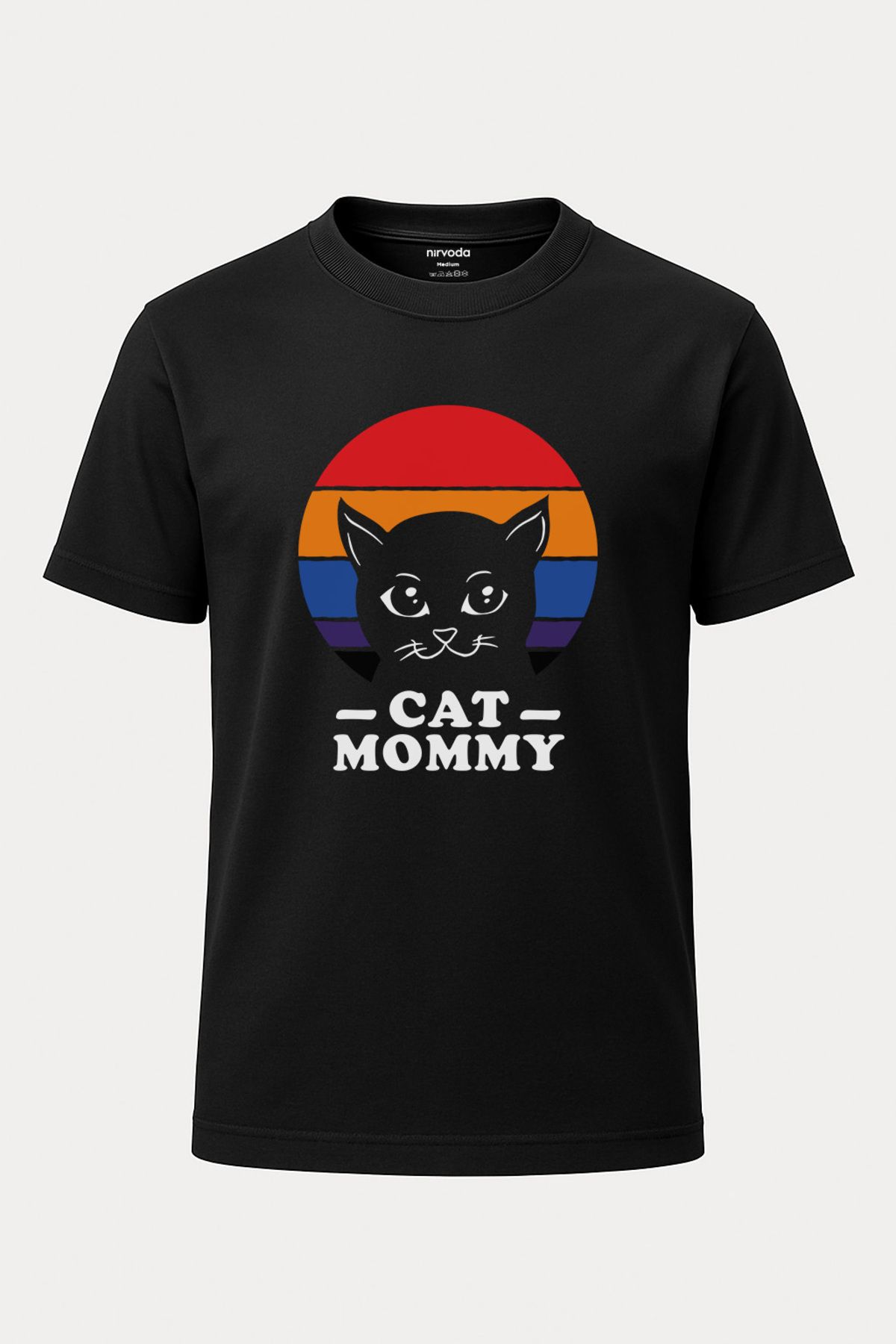nirvoda Unisex Cat Mommy Kedili Siyah Tişört - Kedi Baskılı Uzun T-shirt