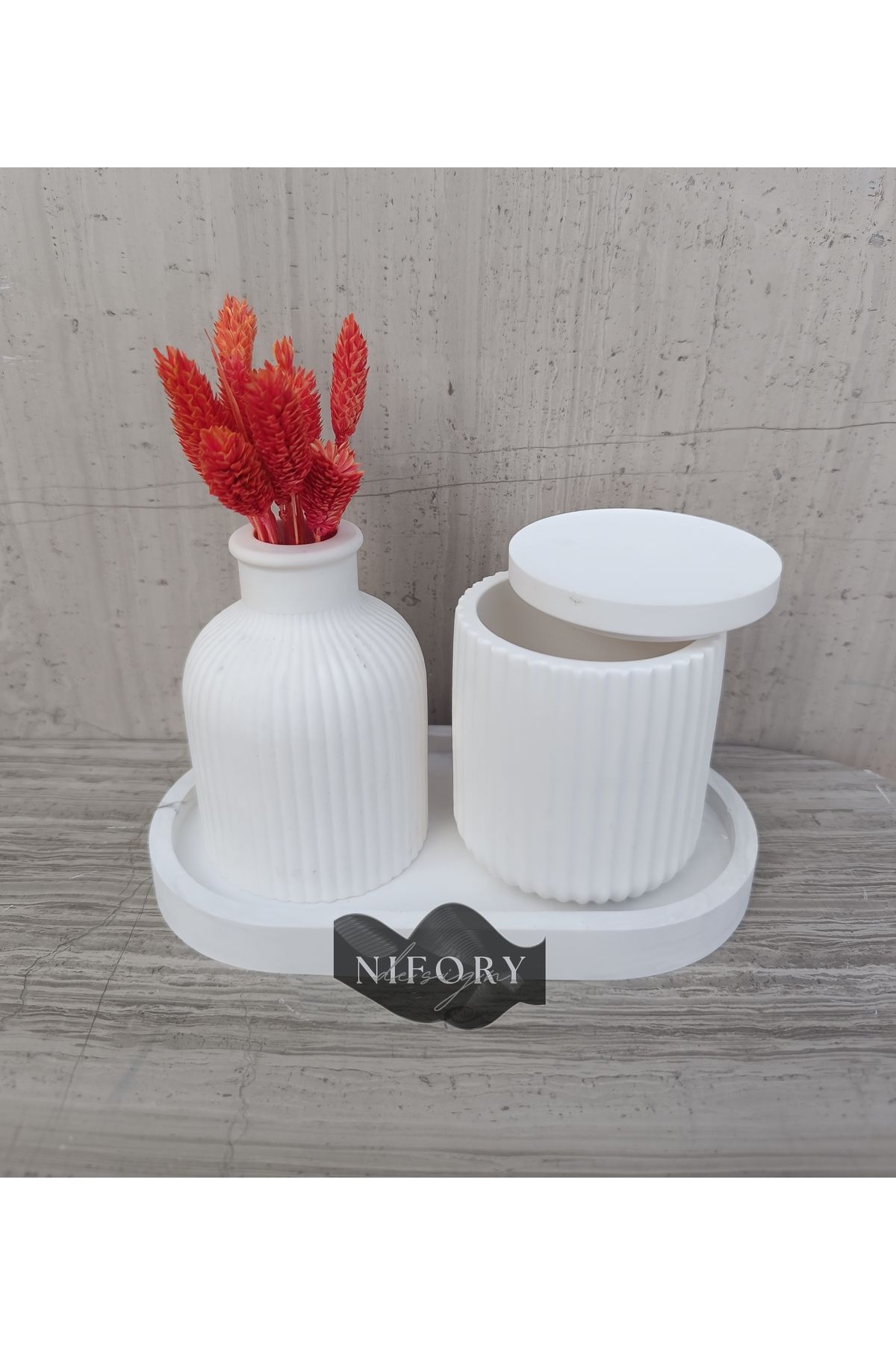 Nifory 520-N010 Dekoratif Beton Sunum Aksesuar Set Beton Biblo Organizer Takımı Çok Amaçlı Dekoratif Set