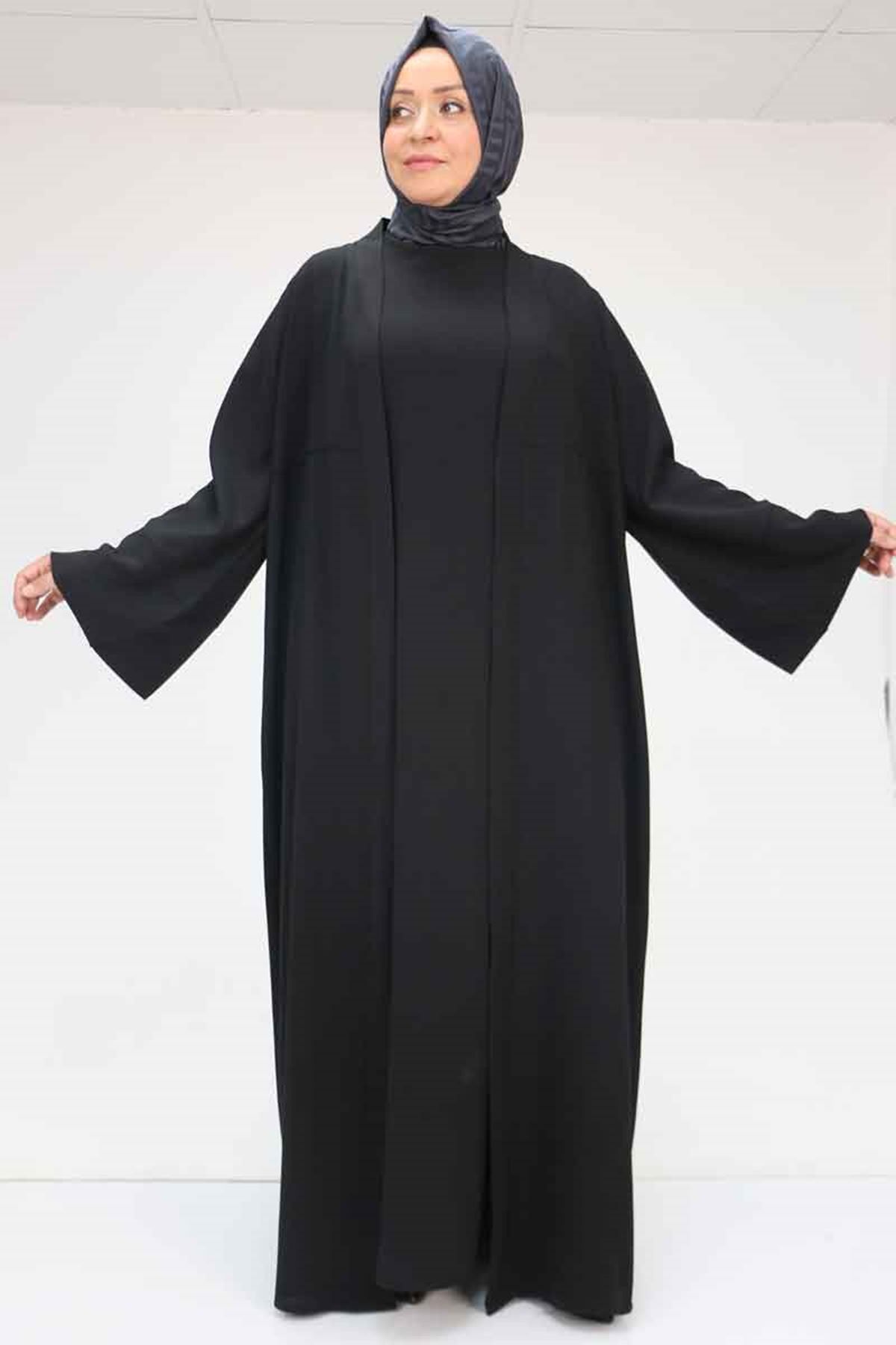 Eslina 57210 Büyük Beden Renge Renk Garni Detaylı Abaya Takım - Siyah