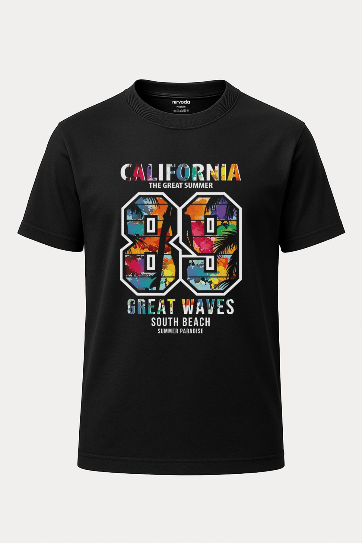 nirvoda Unisex California 89 Renkli Baskılı Tişört - Uzun Siyah T-shirt