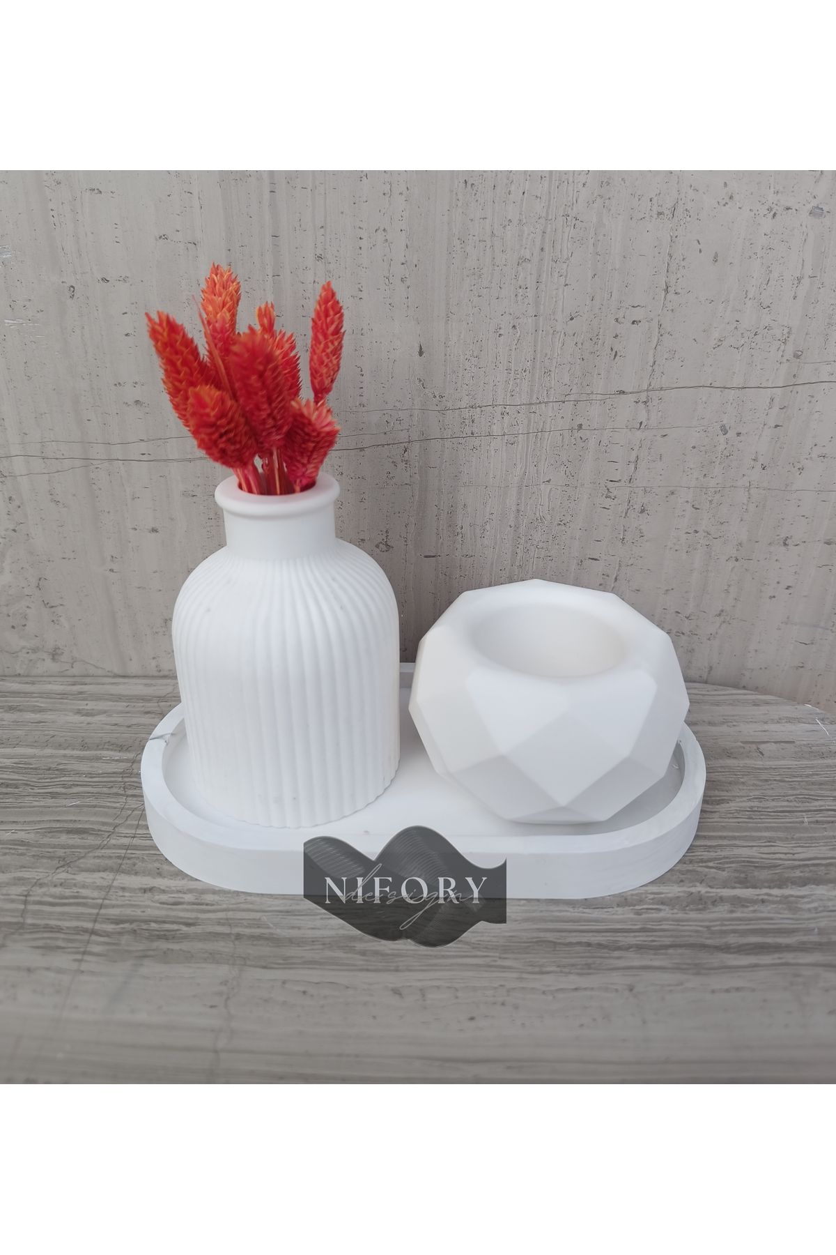 Nifory 520-N08 Dekoratif Beton Sunum Aksesuar Set Beton Biblo Organizer Takımı Çok Amaçlı Dekoratif Set