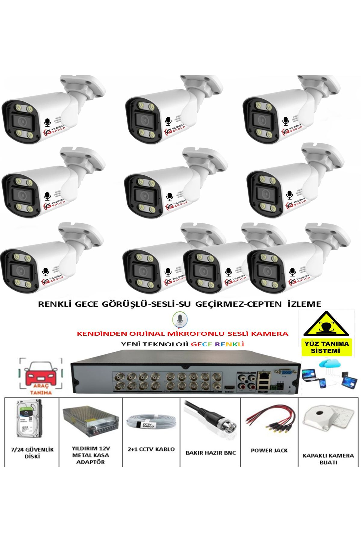YILDIRIMGROUP 10 LU SESLİ GÜVENLİK KAMERASI 5 MP GECE RENKLİ YÜZ VE ARAÇ TANIMALI FULL HD KAMERA SİSTEMİ