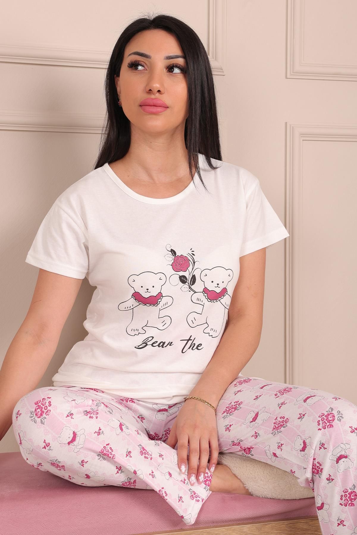 Niket Life Kadın Ayıcık Desenli Bisiklet Yaka Kısa Kollu Altı Uzun Penye Pijama Takımı