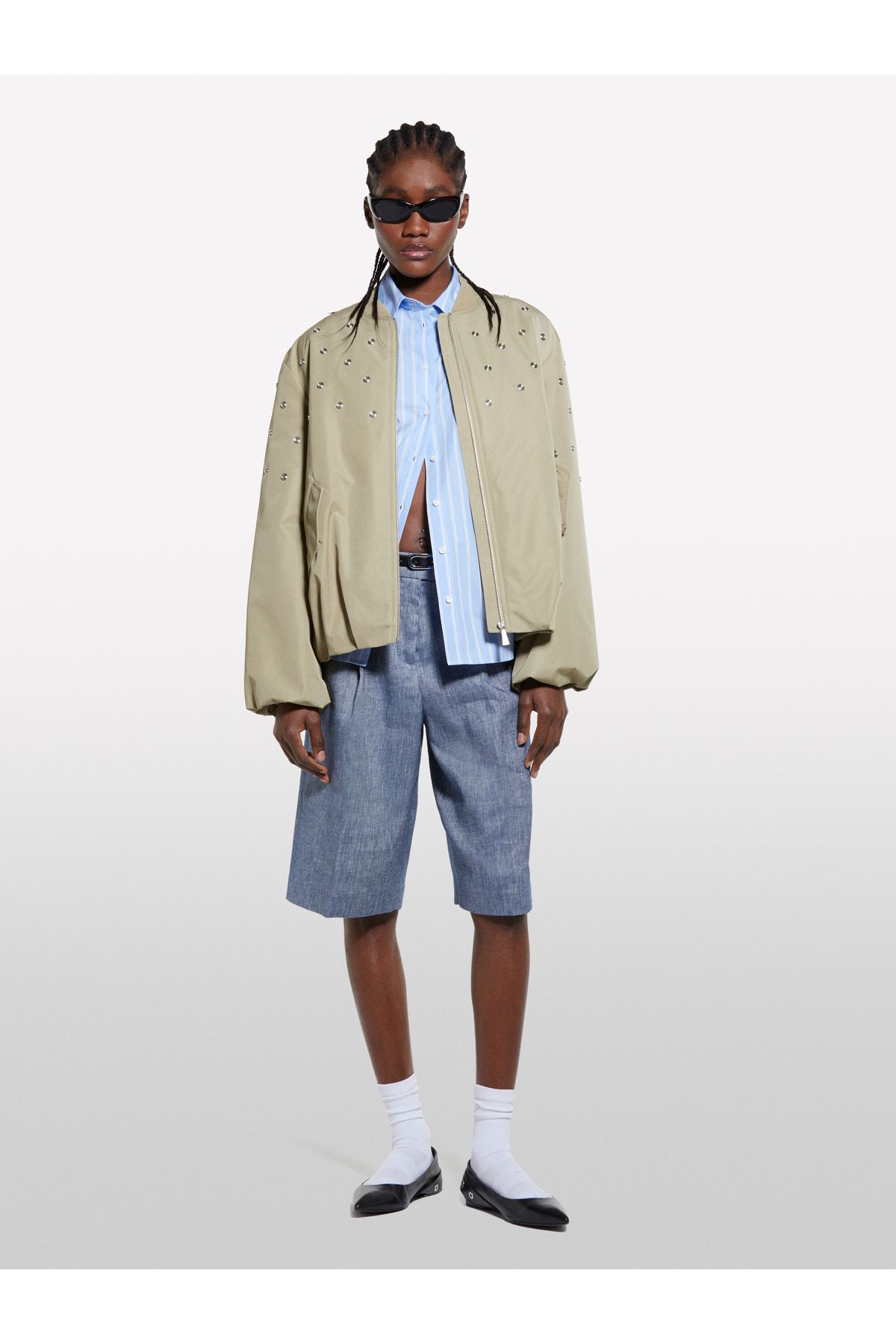 Sisley Kadın İndigo Keten Karışımlı Denim Görünümlü Şort