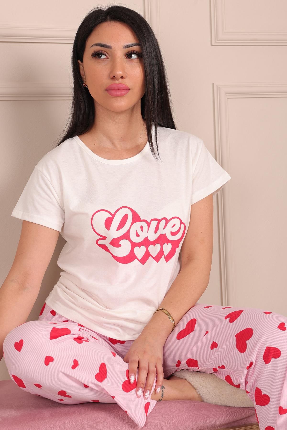 Niket Life Kadın Love Sloganlı Bisiklet Yaka Kısa Kol Altı Uzun Penye Pijama Takımı