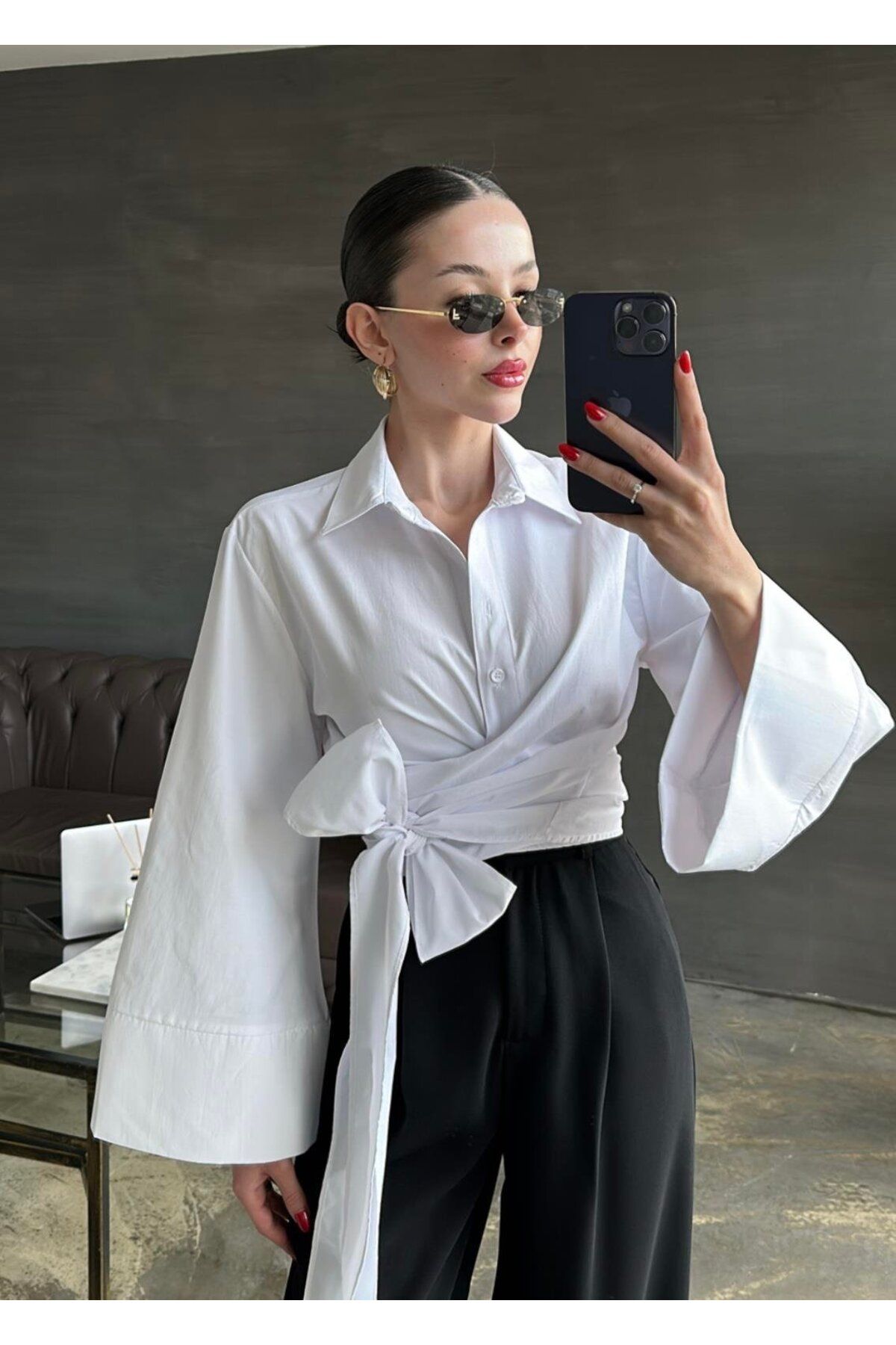 Jose Clothing Kadın Bel Bağlama Detay Uzun Kollu %100 Pamuk Poplin Gömlek
