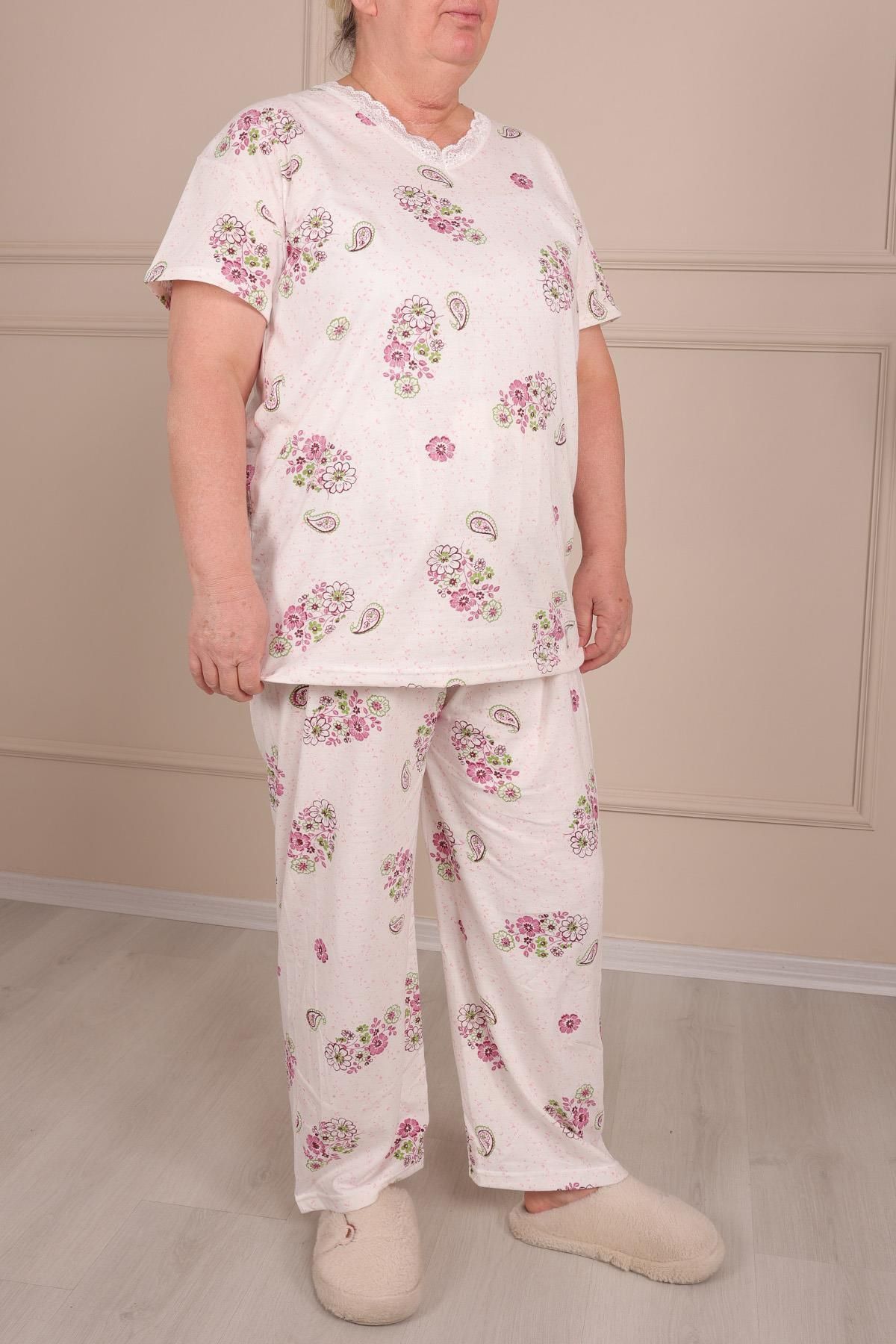 Niket Life Kadın Desenli Dantel Yaka Kısa Kol Altı Uzun Penye Anne Pijama Takım