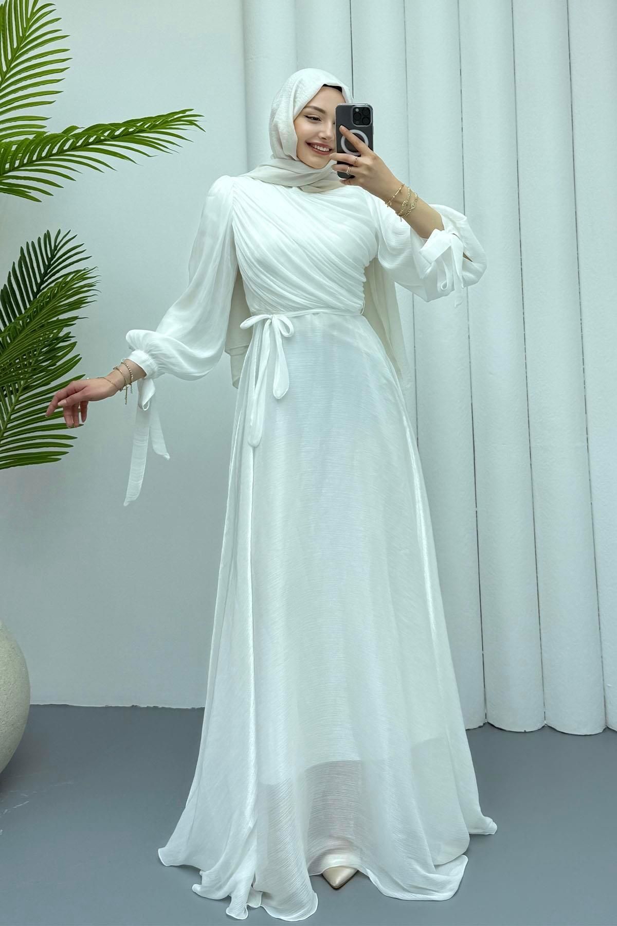 Modaensarbutik Gögüs Drapeli Kolları Bağlamalı Jan Jan Tesettür Abiye-BEYAZ