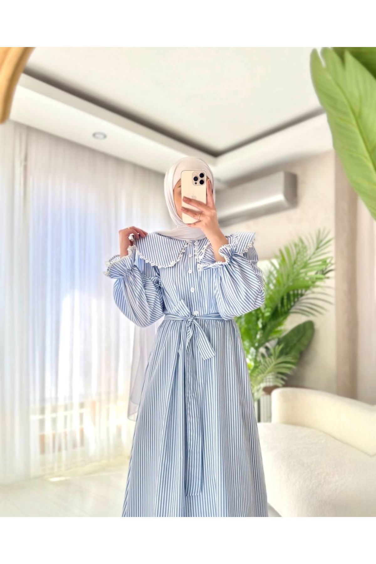 OlaLady Dantelli Bebe Yaka Belden Bağlamalı Çizgili Tesettür Elbise