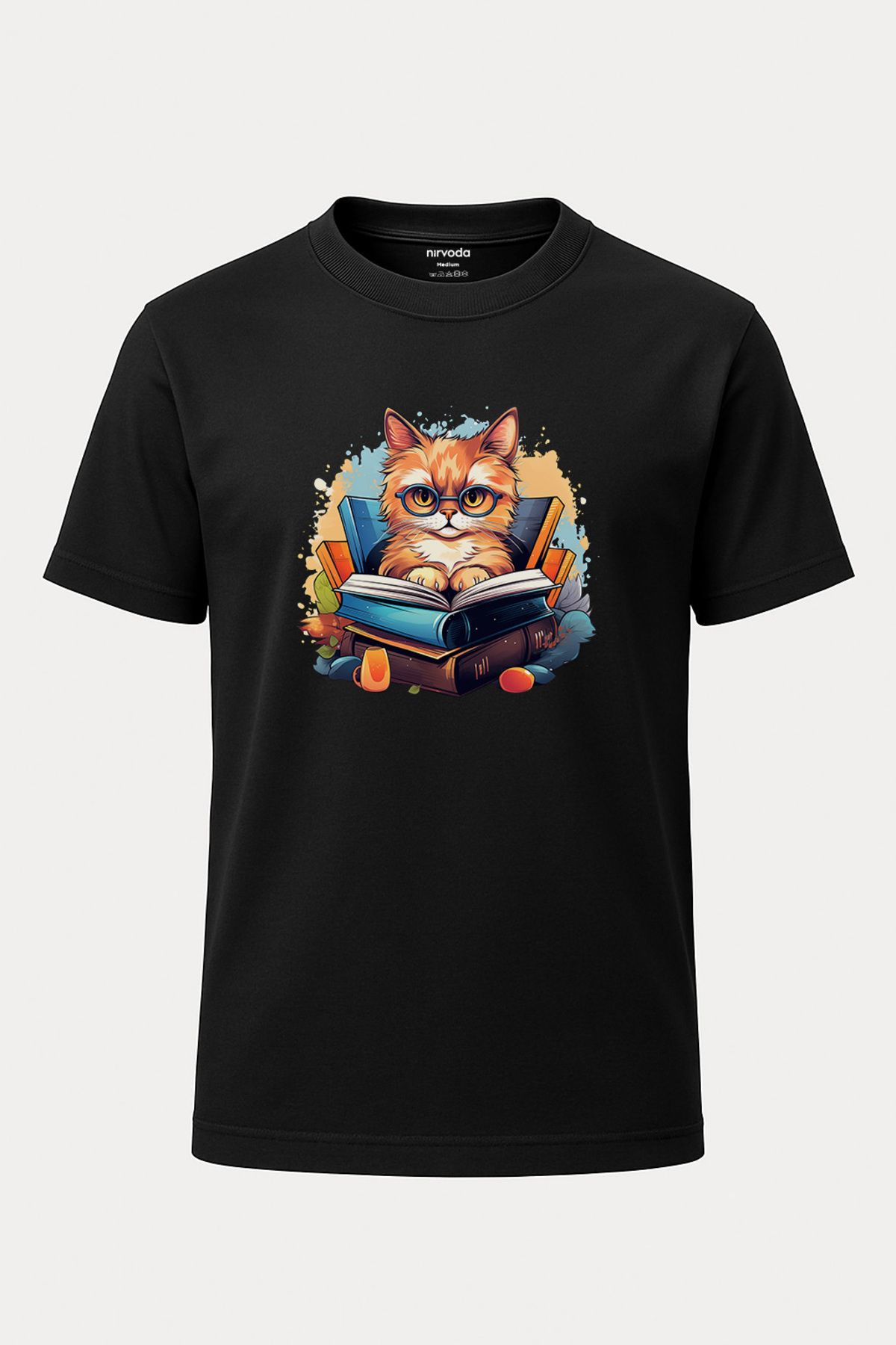 nirvoda Unisex Öğrenci Sarman Kedili Tişört - Siyah Uzun T-shirt